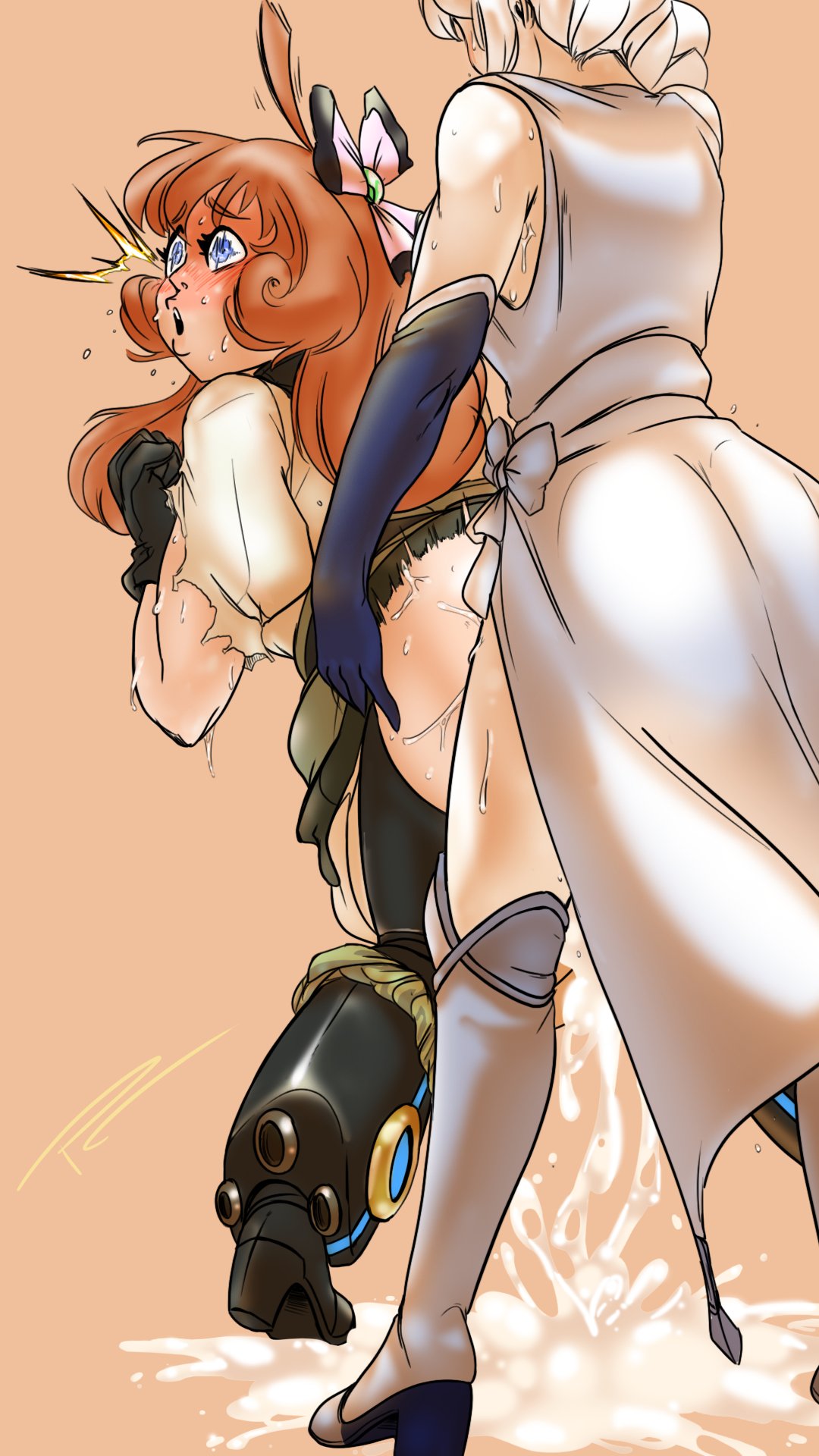 1futa, 1girls, blue eyes, blush, boots, bow, braid, braided hair, breeding, brown hair, clothed sex, cum, cum leaking, elbow gloves, excessive cum, fakeryway, female, futa on female, futanari, gloves, human, intersex, orange hair, penny polendina, pleasure castle, pussy, rwby, standing, standing sex, sweat, vaginal penetration, weiss schnee, white hair
