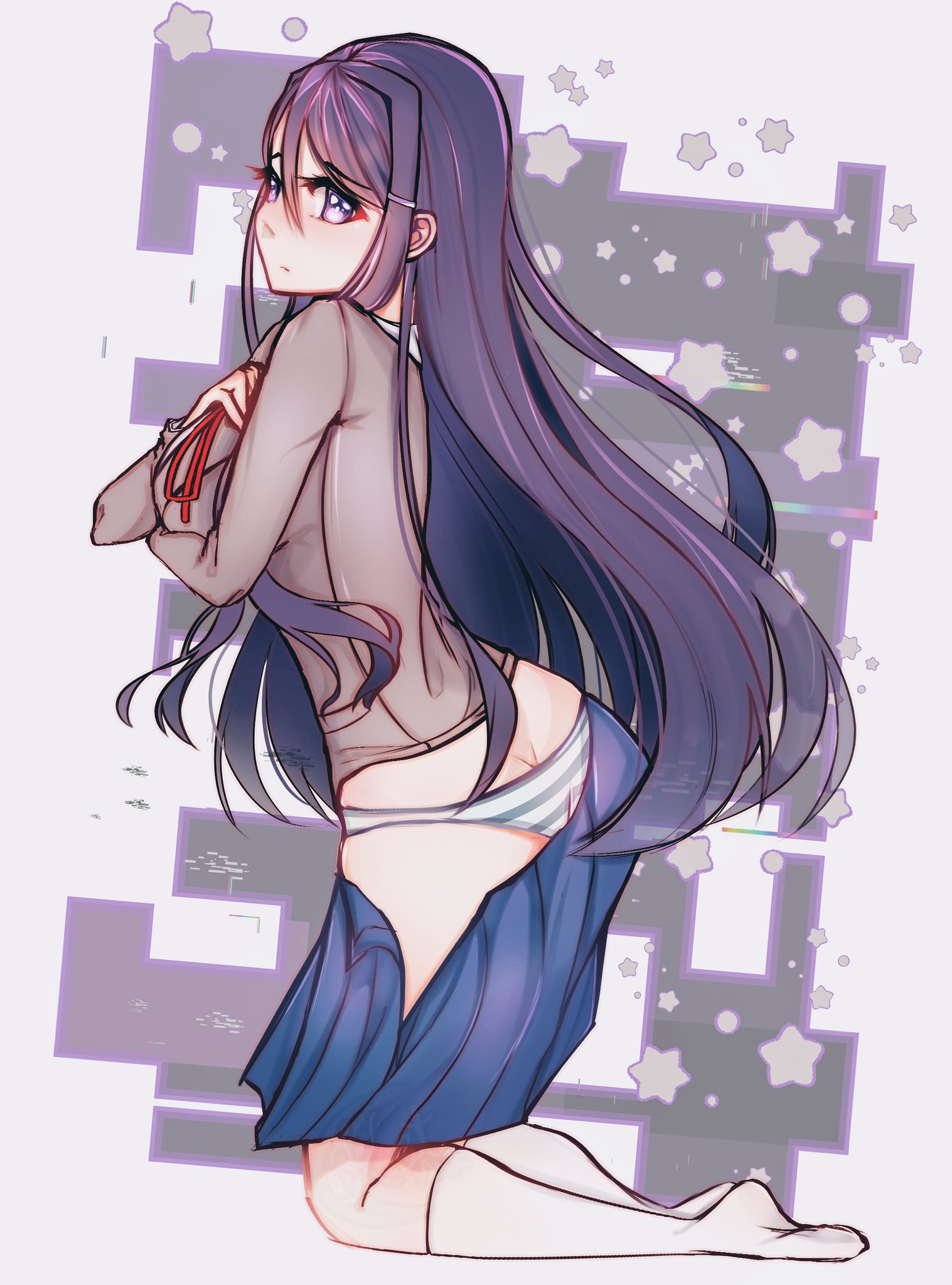 1girls, ass, ass cleavage, ass crack, blue skirt, blue striped panties, breasts, butt crack, doki doki literature club, female, katshima, kneeling, long hair, looking at viewer, looking back, medium ass, panties, purple eyes, purple hair, purple panties, school uniform, schoolgirl, shimapan, sideboob, skirt, skirt pull, skirt removed, striped panties, undressing, white socks, yuri (doki doki literature club)