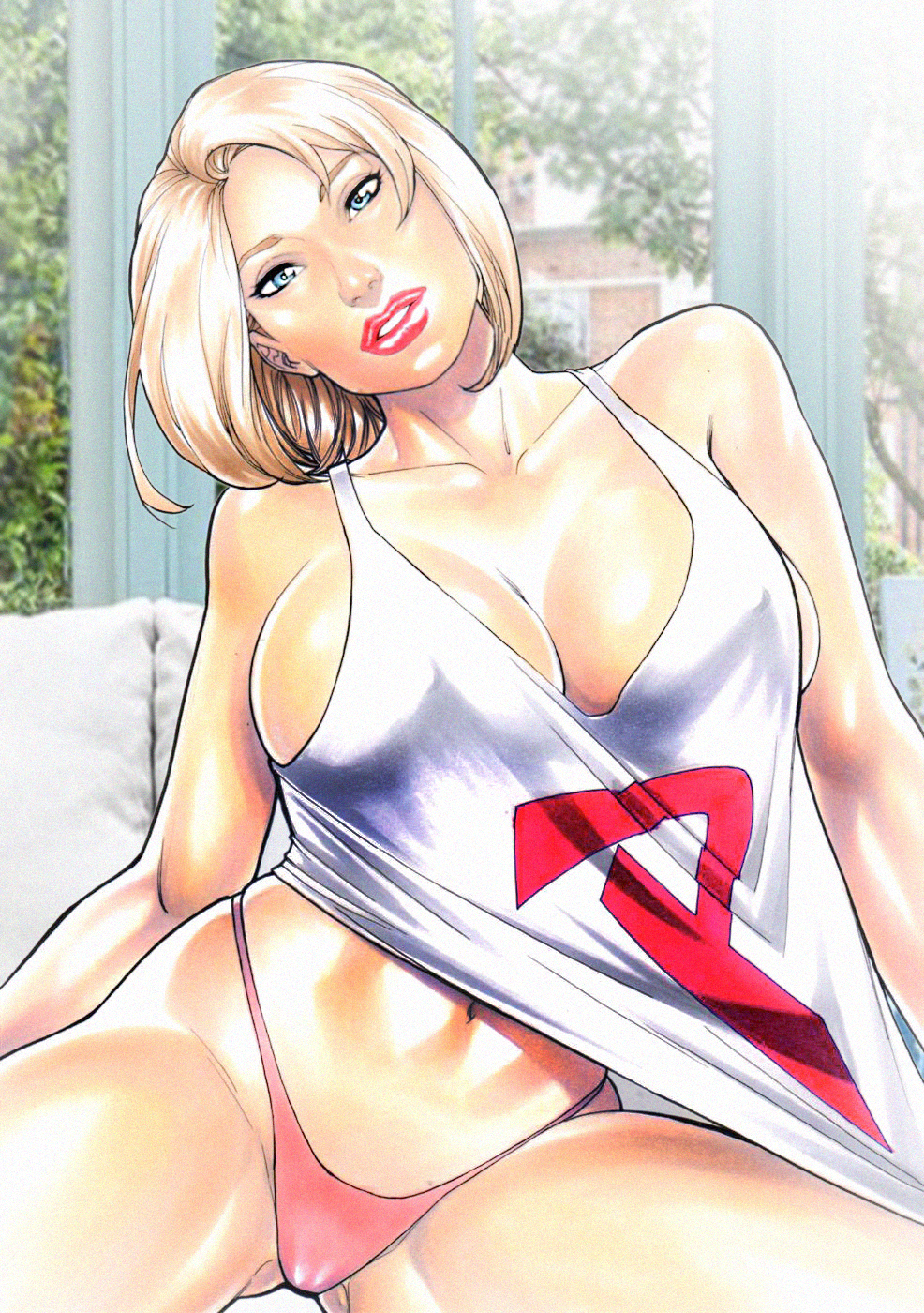 1girls 2020 alien alien_girl alternate_version_available big_breasts bikini bikini_bottom blonde_hair blue_eyes dc dc_comics ed_benes_studio female female_only fred_benes kadinsketch kara_zor-l karen_starr kryptonian large_breasts lipstick open_mouth power_girl shirt solo superman_(series) thong wide_hips