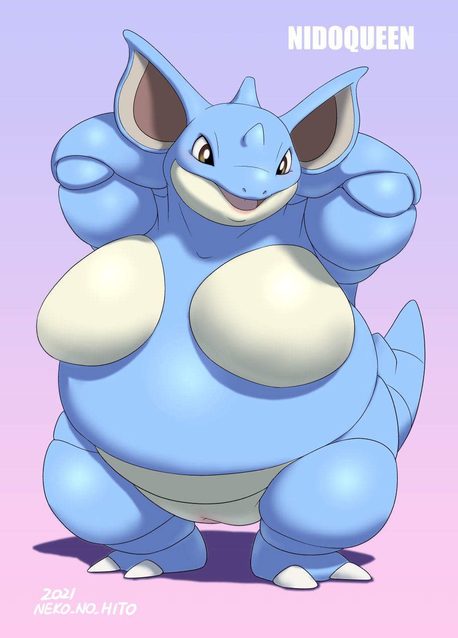 anthro breasts brown_eyes claws featureless_breasts female genitals gradient_background hands_behind_head hi_res neko_no_hito nidoqueen nintendo open_mouth overweight overweight_female pokemon pokemon_(species) pussy semi-anthro simple_background slightly_chubby stocky video_games wide_hips