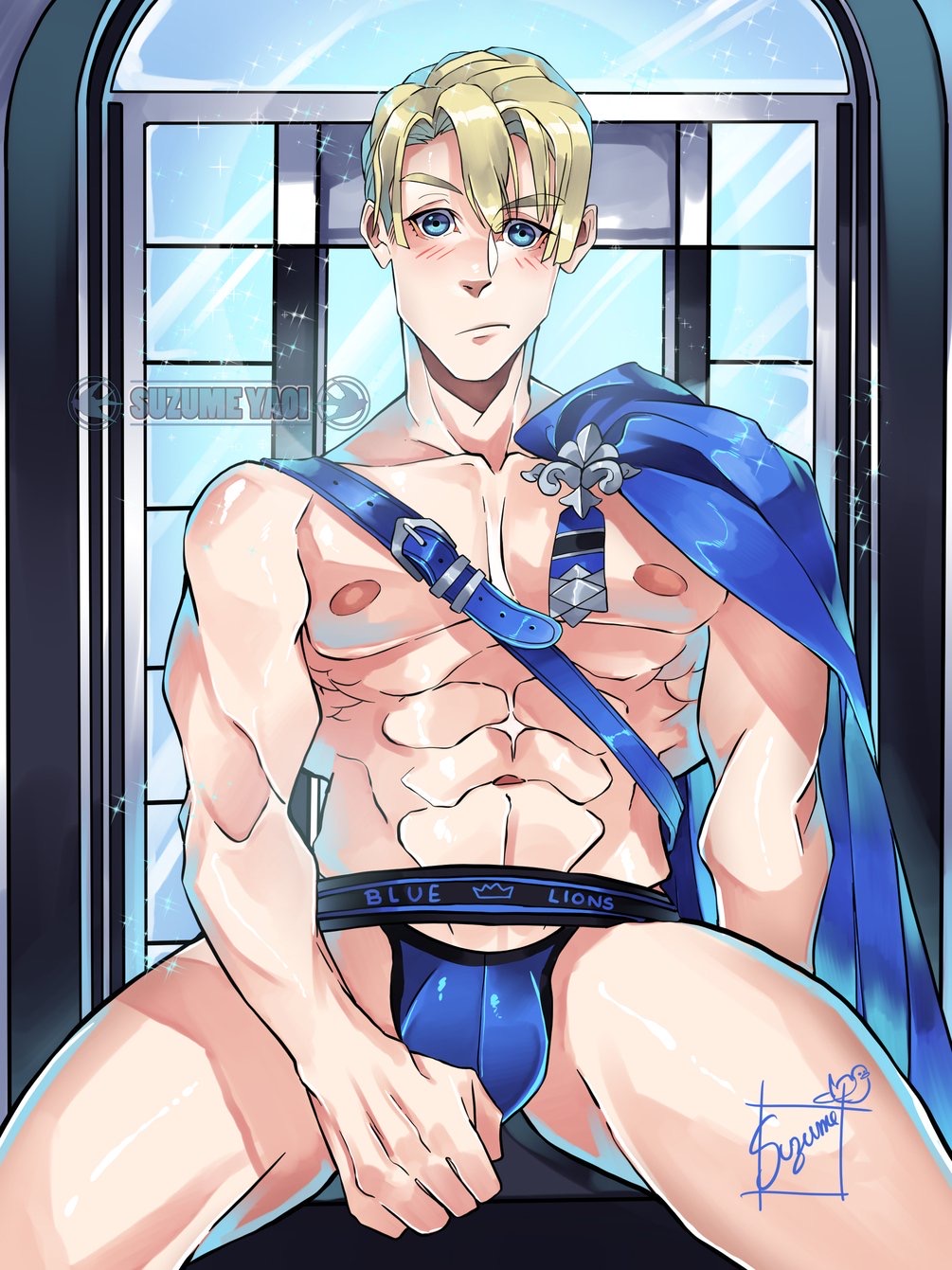 1boy abs belt blonde_hair blue_eyes bulge cape dimitri_alexandre_blaiddyd fire_emblem fire_emblem:_three_houses human jockstrap male male_only six_pack skimpy_clothes solo suzumeyaoi topless underwear