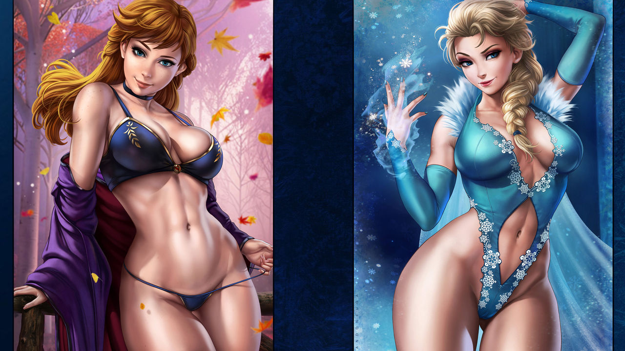 2girls, abs, anna (frozen), blonde hair, blue eyes, bra, dandon fuga, disney, elsa (frozen), female, female only, frozen (film), ginger hair, lingerie, long hair, looking at viewer, panties, posing, princess, sisters, small panties, thick thighs, toned, toned female