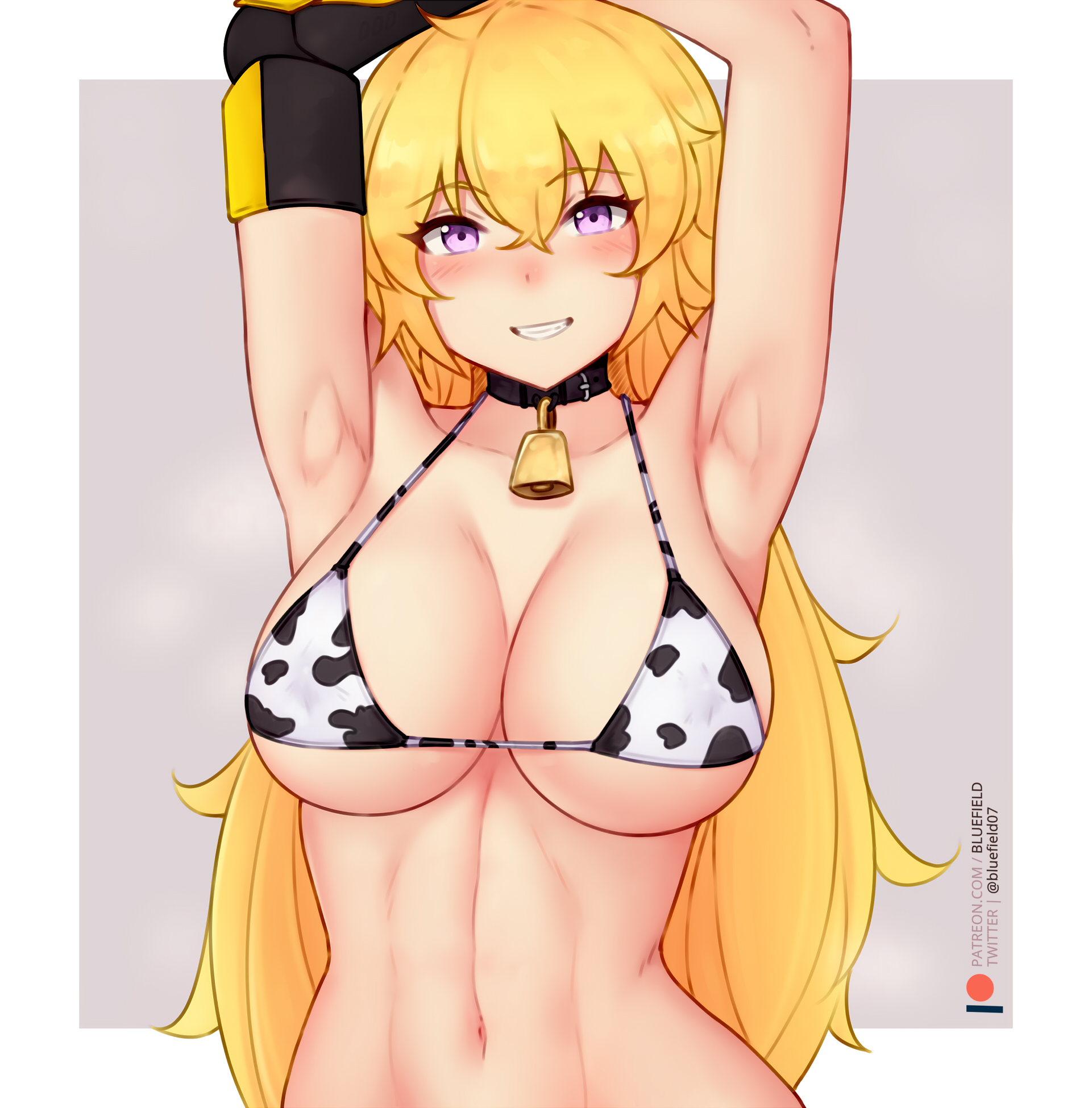 1girls, armpits, big breasts, blonde hair, bluefield, bra, breasts, cow print, cowbell, cute, female, female only, large breasts, light skin, light-skinned female, looking at viewer, pale skin, pale-skinned female, purple eyes, rooster teeth, rwby, solo, yang xiao long