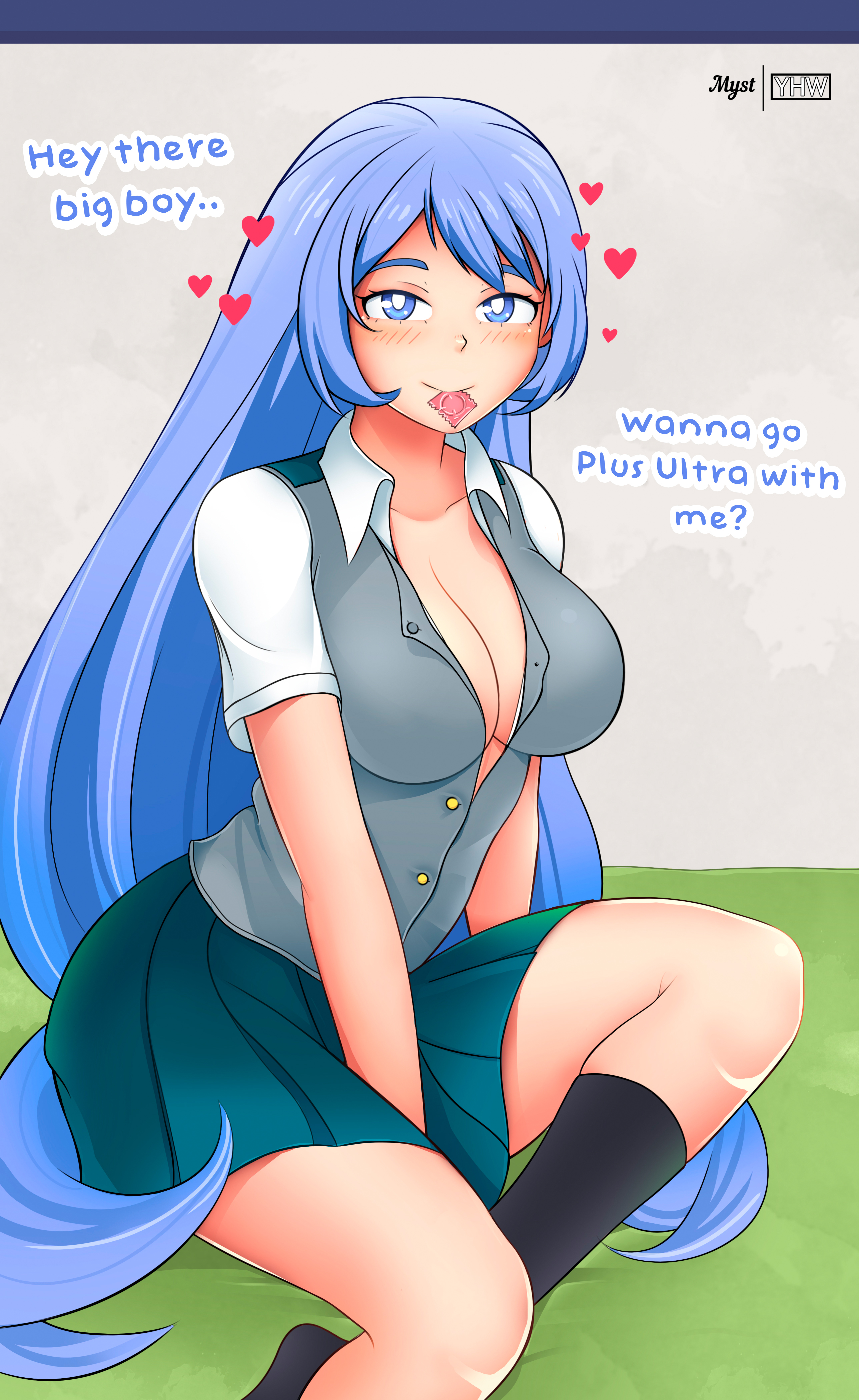 1girls, big breasts, blue eyes, blue hair, blue-haired female, breasts, cleavage, clothed, condom, condom in mouth, female, female only, femdom, hearts, looking at viewer, my hero academia, myst, nejire hado, seductive, slight blush, talking to viewer, yhw