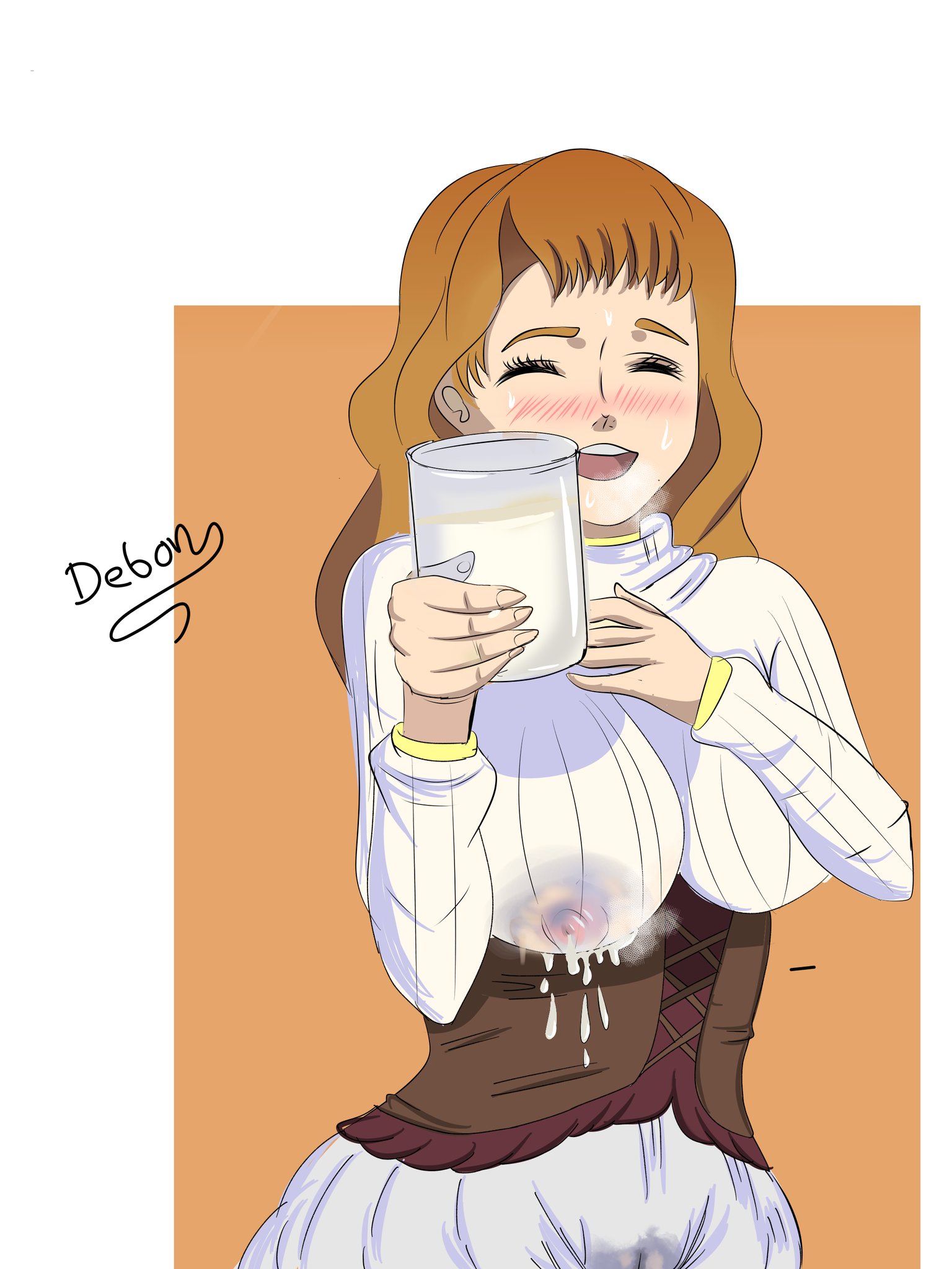 1girls, big breasts, black clover, blush, breasts, brown hair, closed eyes, debon, female, female focus, female only, lactation, lactation through clothes, lactation without expressing, leaking, long hair, mimosa vermillion, nipple milking, orange hair, pussy, pussy juice, pussy juice stain, sweat, sweatdrop
