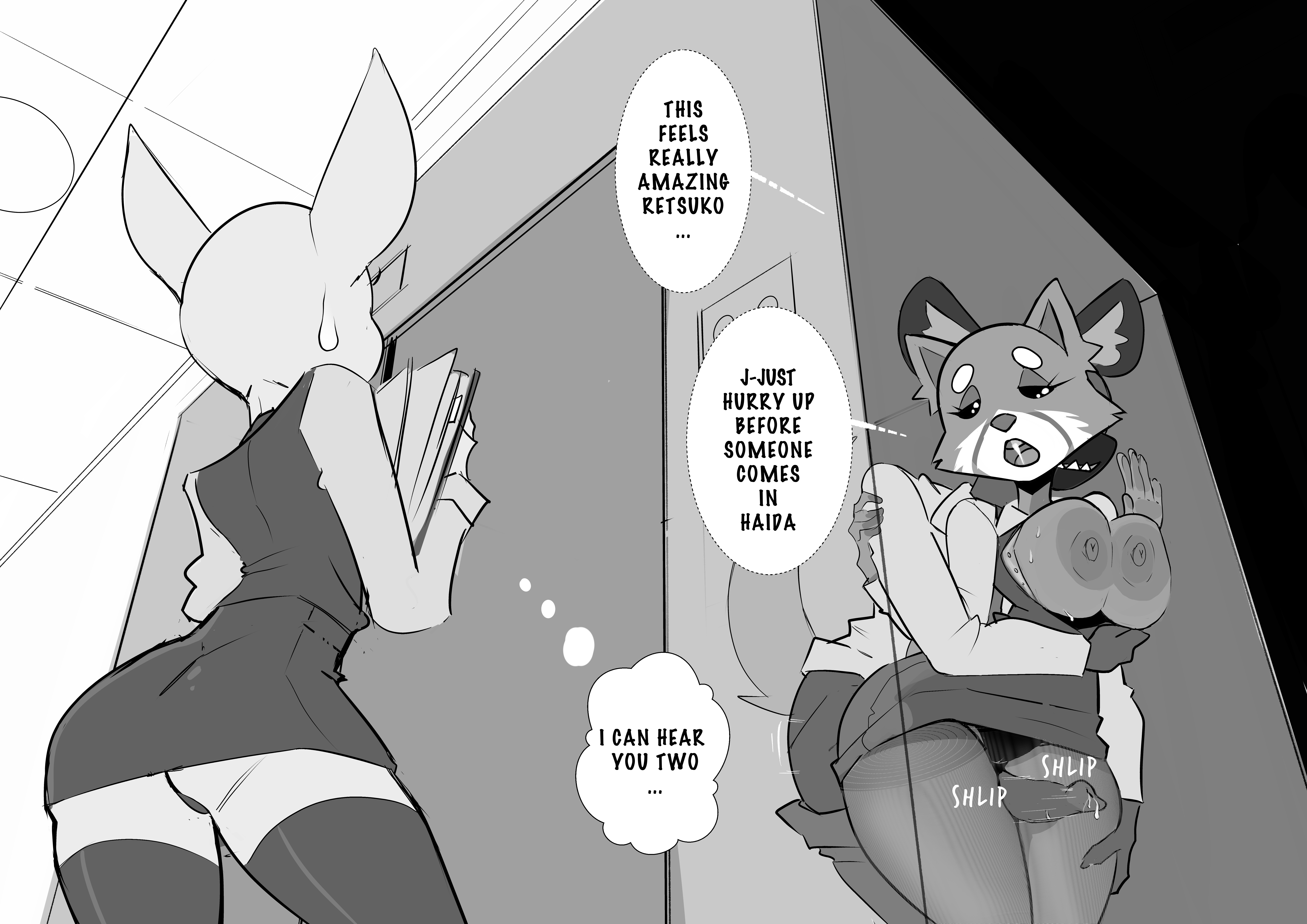 1boy, 2d, 2girls, aggressive retsuko, anthro, areola, areolae, breasts, clothed, clothed sex, dialogue, duo, duo focus, elevator, exposed breasts, female, fur, furry, furry only, haida, large breasts, looking pleasured, male, male/female, monochrome, nipples, office lady, penis, precum, public sex, retsuko, sex, smooth fur, straight sex, tail, thesquiddycipher, thick thighs, thigh sex, wide hips