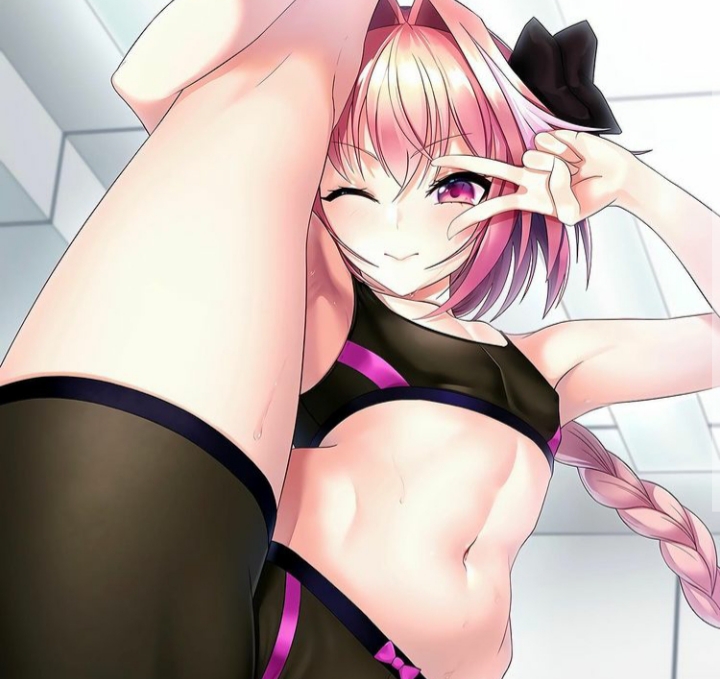 astolfo (fate), fate (series), femboy, male, peace sign, pink eyes, pink hair, stretching, sweat, wink, workout