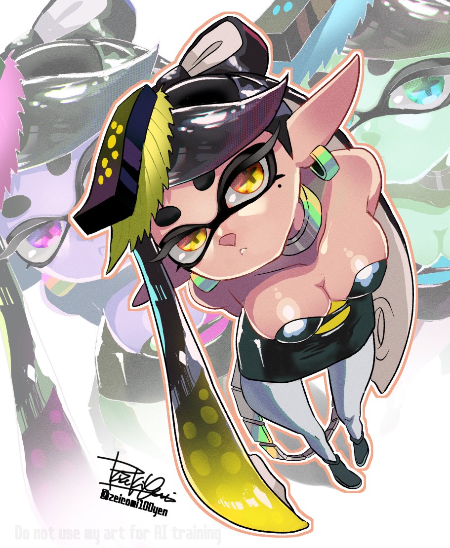 + +, 1girls, arms behind back, artist name, bare shoulders, belt, black dress, black hair, blonde hair, bow-shaped hair, breasts, callie (splatoon), cleavage, collar, collarbone, detached collar, dress, earrings, female, female only, food, food on head, from above, full body, gradient hair, green pantyhose, grey pantyhose, hoop earrings, isamu-ki (yuuki), jewelry, leaning forward, long hair, looking at viewer, medium breasts, mole, mole under eye, multicolored hair, neck ring, nintendo, object on head, outline, pantyhose, pixiv id, pointy ears, purple pantyhose, shiny skin, short jumpsuit, solo, splatoon, splatoon (series), standing, strapless, strapless dress, suction cups, sushi, swept bangs, symbol-shaped pupils, tentacle, tentacle hair, thick eyebrows, twitter username, two-tone hair, very long hair, white outline, yellow eyes, zoom layer