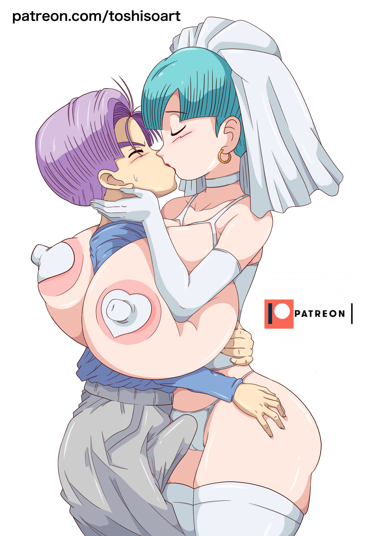 1boy, 1girls, breasts, bride, bulma briefs, clothed male, dragon ball, dragon ball z, erection under clothes, female, future trunks, heart pasties, hoop earrings, huge breasts, incest, kissing, male, milf, momwife, mother and son, panties, pasties, shounen jump, tagme, toshiso, trunks briefs, wedding lingerie, wedding pasties, wedding veil, white heart pasties, white pasties