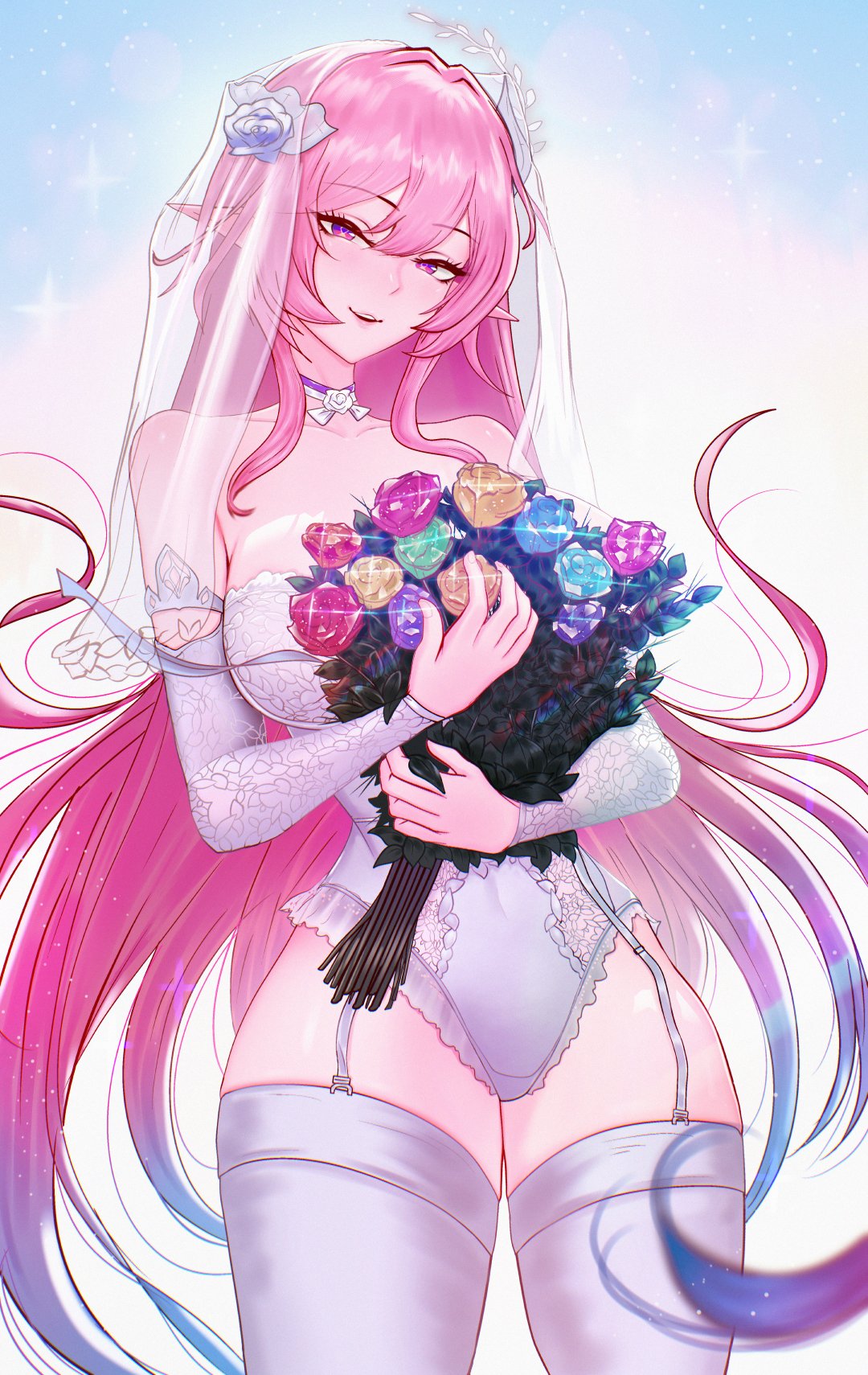1girls, cyrene (honkai: star rail), cyrene (ripples of past reverie) (honkai: star rail), demiurge (honkai: star rail), female, flowers, honkai: star rail, hoyoverse, leotard, long hair, mihoyo, pink hair, purple eyes, thighhighs, very long hair, white leotard