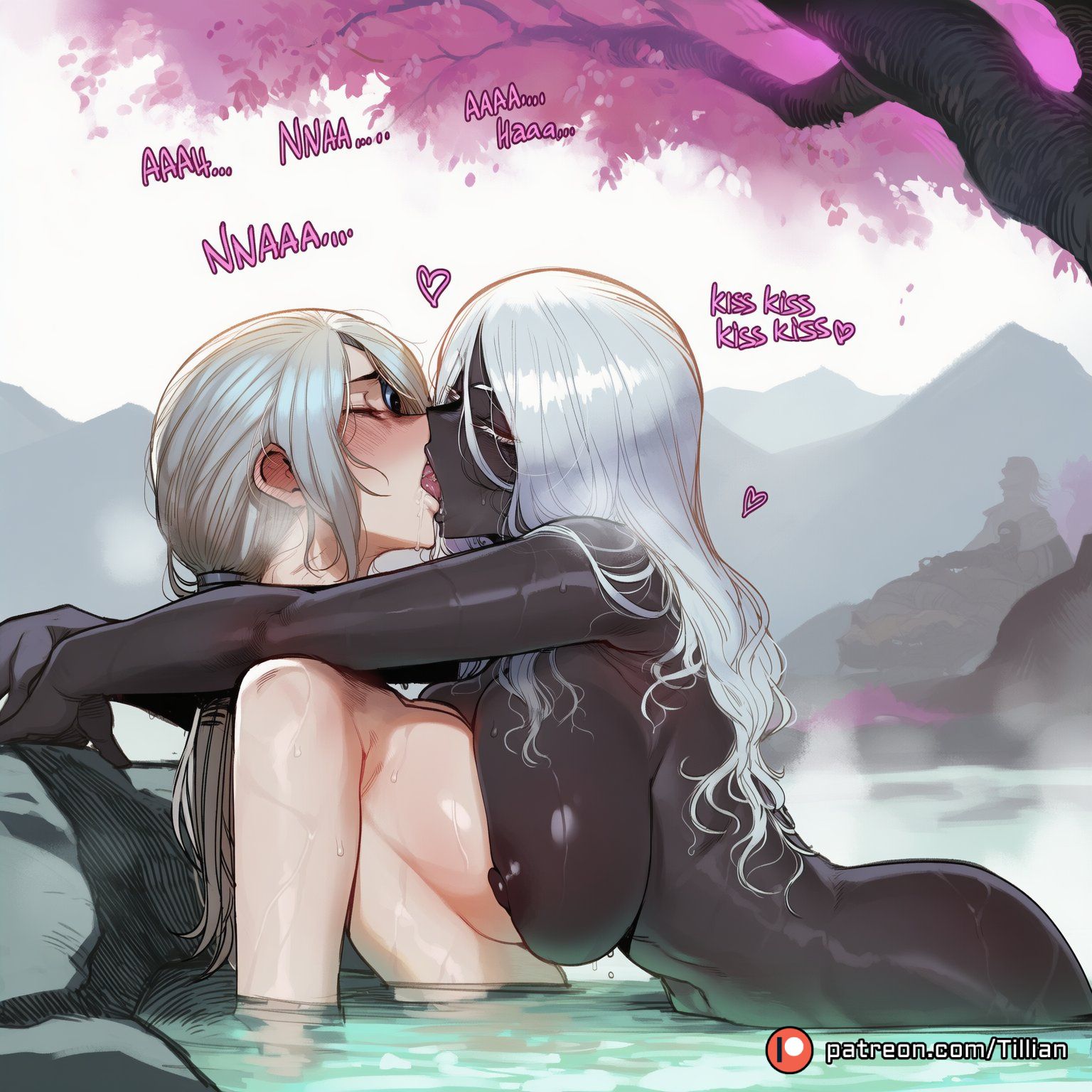 2girls, ai generated, arms around neck, artist name, black skin, blush, breast press, breasts, closed eyes, colored skin, completely nude, dark skin, duchess (elden ring), duchess (nightreign), elden ring, elden ring nightreign, english text, female, french kiss, grey hair, heart, kissing, large breasts, long hair, multiple females, multiple girls, nipples, nude, onsen, outdoors, partially submerged, patreon logo, patreon username, ponytail, recluse (elden ring), recluse (nightreign), symmetrical docking, tillian, tongue, tongue out, tree, water, web address, wet, white hair, yuri