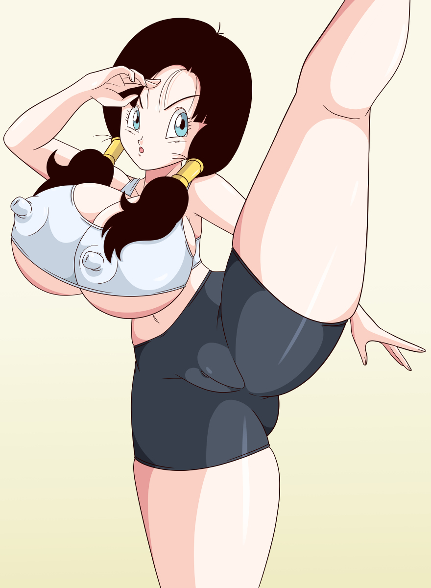 1girls, big breasts, black hair, braids, breasts, clothed, dragon ball, dragon ball z, female, nipple bulge, shounen jump, solo, stretching, tagme, toshiso, underboob, videl