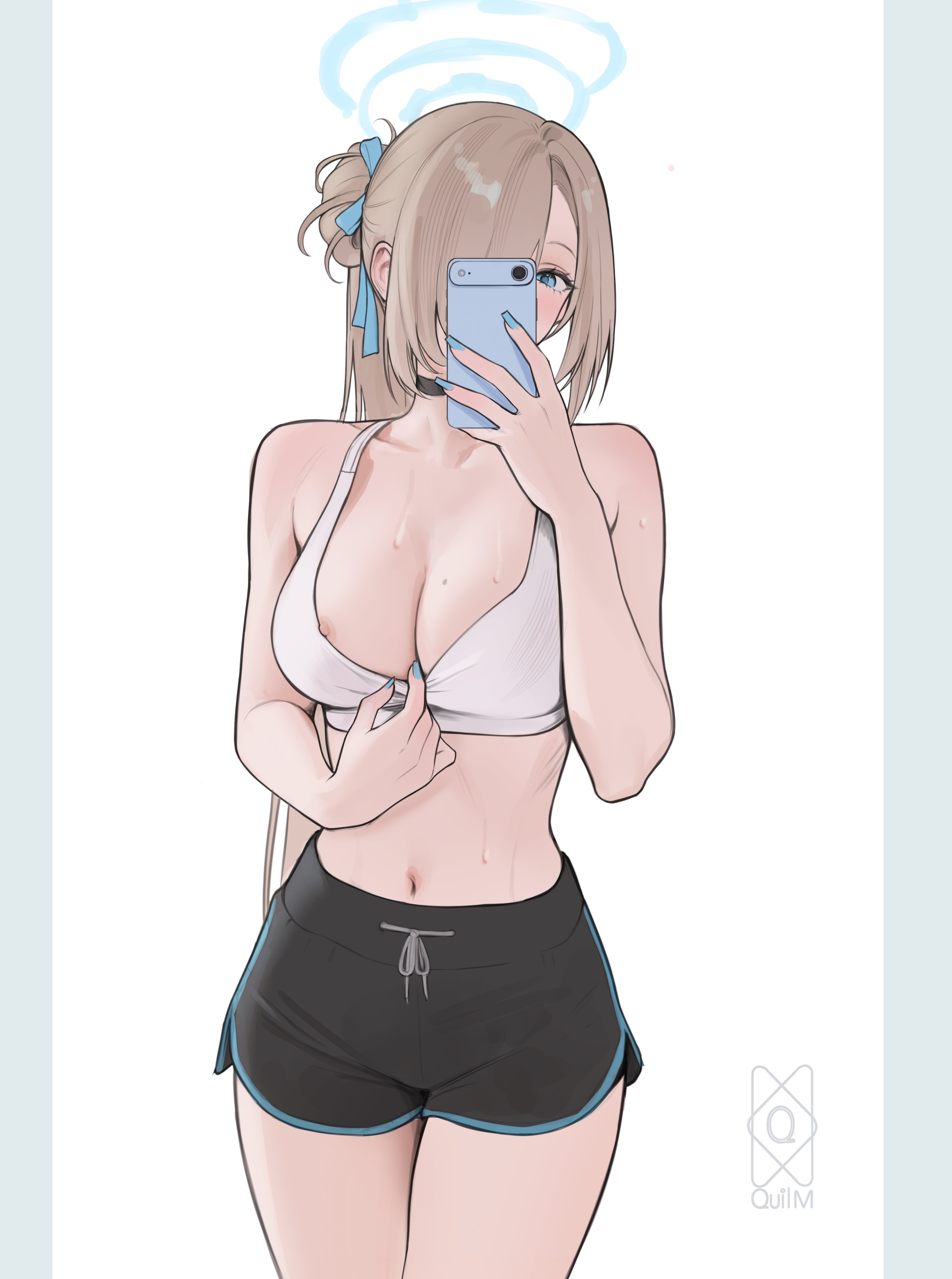absurdres, asuna (blue archive), black choker, black shorts, blonde hair, blue archive, blue eyes, blue halo, blue nails, bra, bra pull, breasts, cellphone, choker, cleavage, clothes pull, commentary, dolphin shorts, female, halo, highres, holding, holding phone, large breasts, looking at viewer, nail polish, navel, nipple slip, nipples, phone, ponytail, pulling own clothes, quilm, shorts, simple background, smartphone, solo, sports bra, sports bra pull, standing, symbol-only commentary, underwear, white background