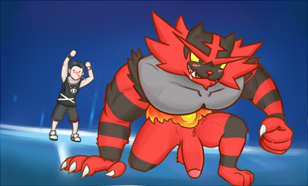 anthro balls biceps black_body black_fur blood blush bodily_fluids bottomwear claws clothing duo felid fire_belt fist fur fur_markings genitals grey_body grey_fur human humanoid_genitalia humanoid_penis incineroar male male_only mammal markings merong nintendo nosebleed pecs penis pokémon_(species) pokemon red_body red_fur shorts smile smirk striped_body striped_fur stripes teeth topwear vest video_games