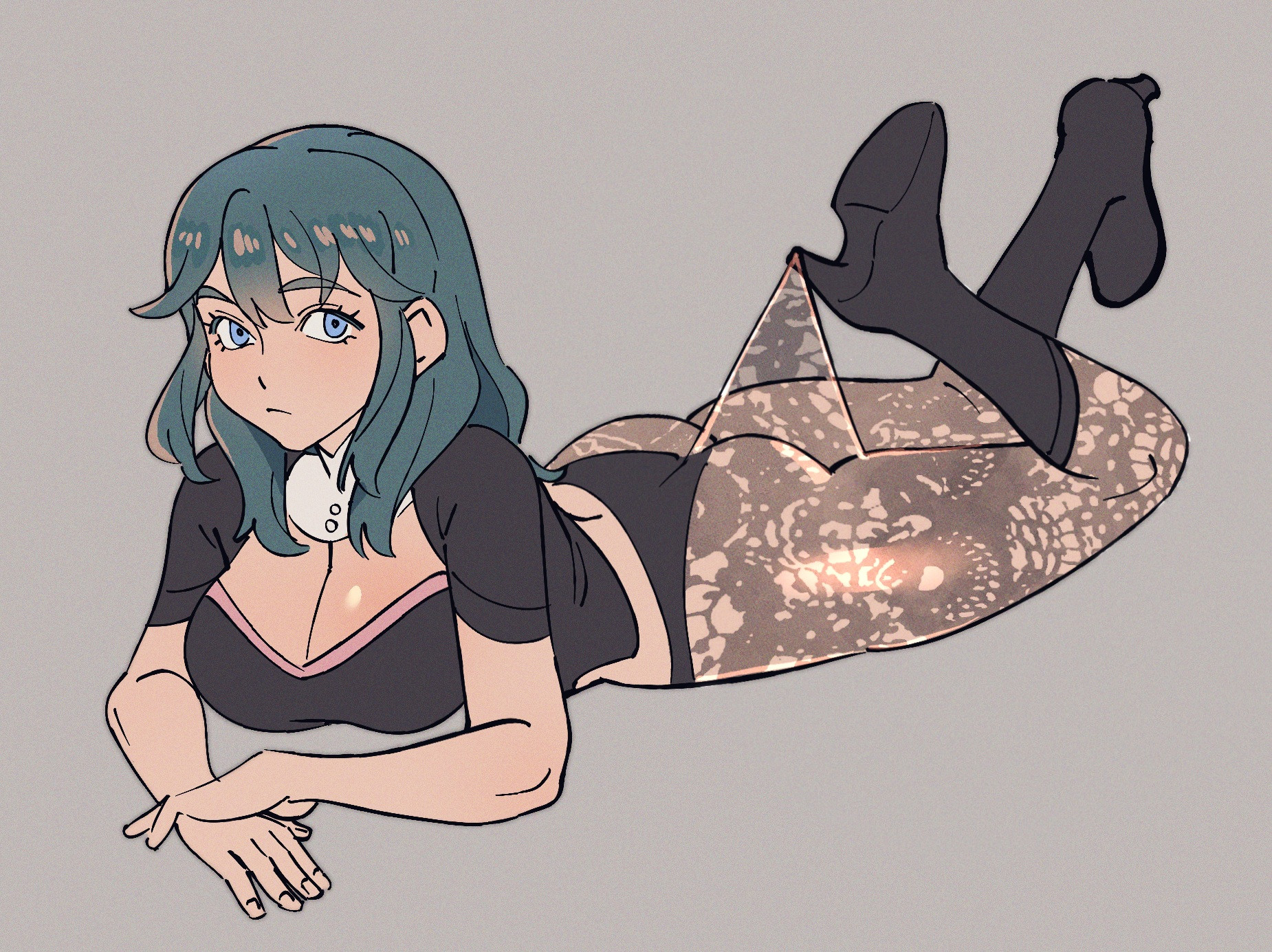 1girls, 2025, ass, blue eyes, blue hair, boots, breasts, byleth (fire emblem), byleth (fire emblem) (female), cleavage, clothed, clothing, digital media (artwork), female, female only, fire emblem, fire emblem: three houses, heels, high heel boots, high heels, lace, lace pantyhose, lace pantyhose hooked on heel (meme), laying down, laying on stomach, leggings, legwear, lyssahh, no visible genitalia, panties, pantyhose, solo, solo female, tights, underwear