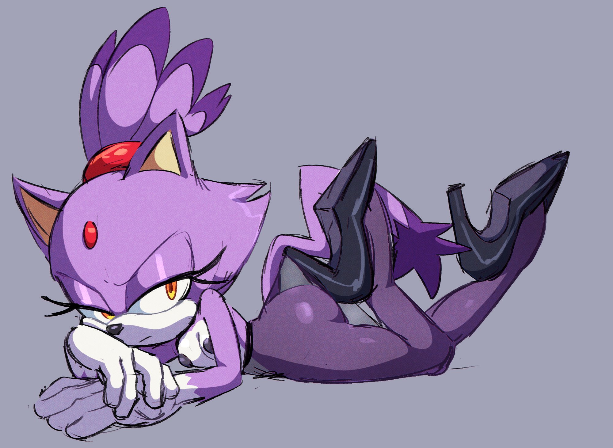 blaze the cat, breasts, dipstick tail, footwear, furry, goldsden, grey background, guillion (toshkarts), high heels, lace pantyhose, lace pantyhose hooked on heel (meme), legwear, lying, lying on stomach, markings, mobian, mobian (species), mobian cat, nipples, panty pull, pantyhose, purple fur, sega, simple background, small breasts, sonic (series), sonic the hedgehog (series), tail, tail markings