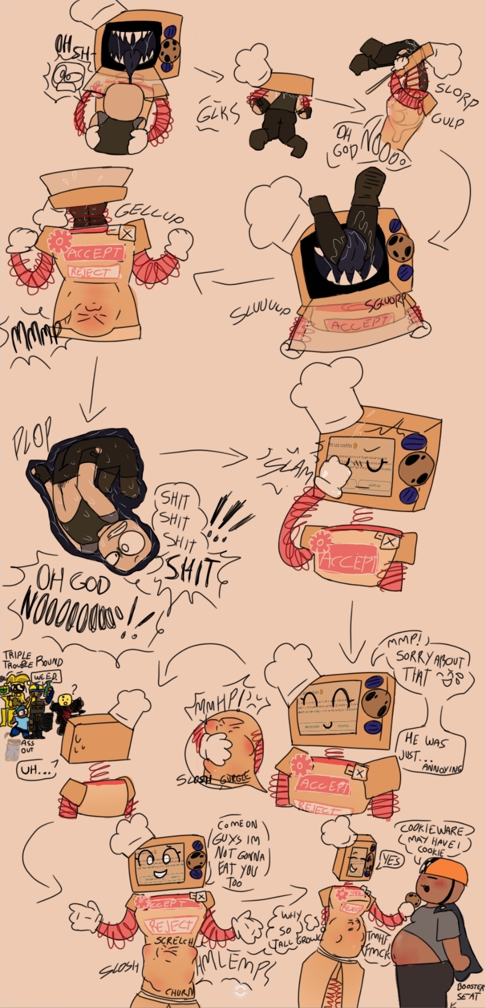 banana peel (die of death), belly bulge, block (die of death), carepad (die of death), chef hat, civilian (die of death), cookie, cookieware (die of death), die of death (roblox), digestion, digestion noises, harken (die of death), hotdog (die of death), mequot, oven, punch (die of death), roblox, sloshing belly, taunt (die of death), vore, vore belly