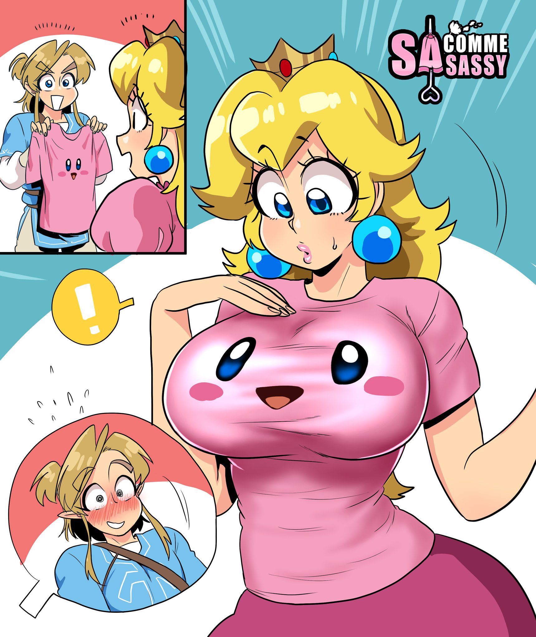 1boy, 1girls, 2koma, big breasts, blonde hair, blue eyes, blush, breasts, breath of the wild, brown hair, busty, clothed, clothing, comic, crossover, crown, curvaceous, curvy, ear piercing, earrings, female, female focus, fully clothed, hourglass figure, huge breasts, human, humanoid, hylian, large breasts, light skin, light-skinned female, light-skinned male, link, link (breath of the wild), lips, lipstick, long hair, looking at another, male, male/female, mario (series), nintendo, piercing, pink lips, pink lipstick, pointy ears, princess, princess peach, sasatseng, short hair, super smash bros., the legend of zelda, voluptuous, watermark, wholesome