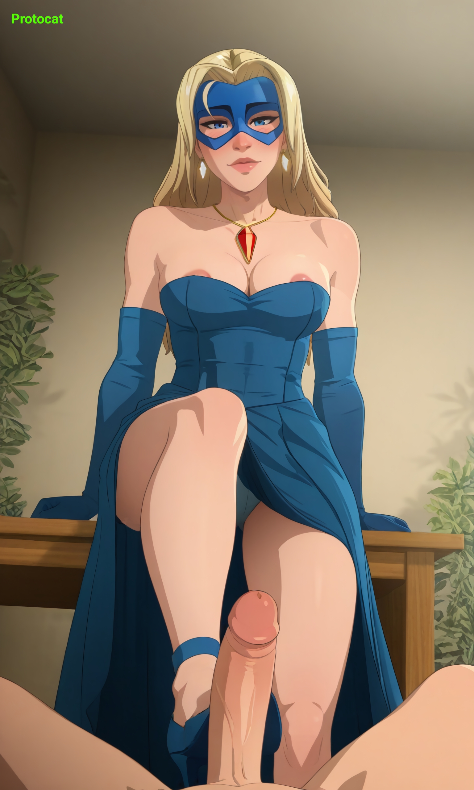 1boy, 1girls, ai assisted, ai generated, ankle strap heels, areola, areolae, areolae slip, armwear, bare legs, bare shoulders, big penis, blonde blazer, blonde female, blonde hair, blue clothing, blue dress, blue eyes, blue gloves, breasts, cleavage, dispatch (game), dress, earrings, elbow gloves, female, footwear, footwear fetish, full lips, gemstone, gloved hands, gloves, half mask, heels, high heels, jewelry, legs, light skin, light-skinned female, lips, long dress, low-angle view, male, male pov, mask, masked female, necklace, nude male, nude male partially clothed male, official alternate costume, panties, panty peek, penis, pov, protocat, robert robertson, shoejob, sitting, stepped on