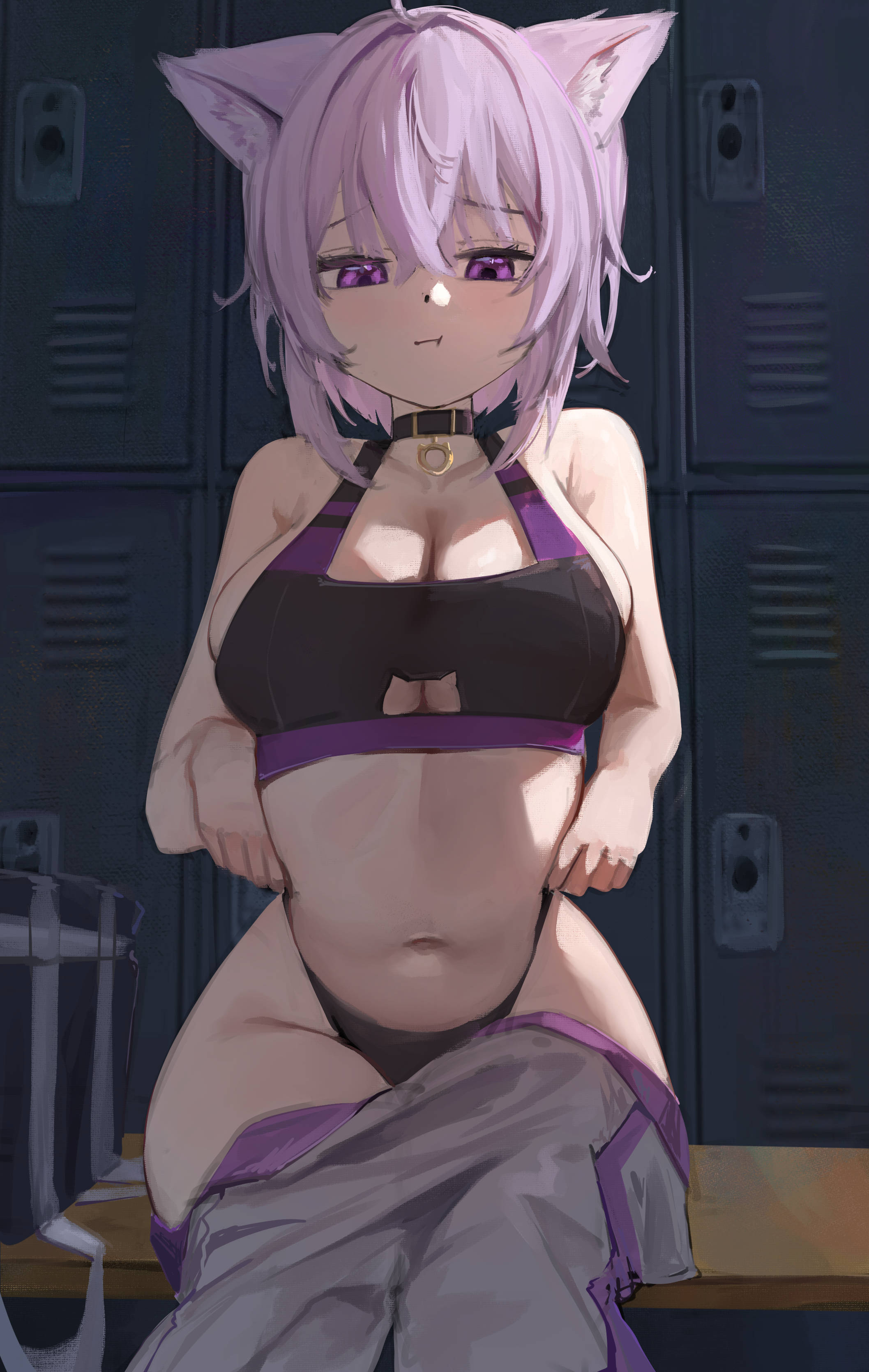 absurdres, animal collar, animal ears, bench, black bra, black collar, black pants, bra, breasts, cat cutout, cat ears, cat girl, cleavage, closed mouth, clothing cutout, collar, crossed bangs, female, grey pants, hair between eyes, highres, hololive, large breasts, locker, locker room, medium breasts, navel, nekomata okayu, pants, pitespear, pout, purple eyes, purple hair, sitting, solo, underwear, virtual youtuber