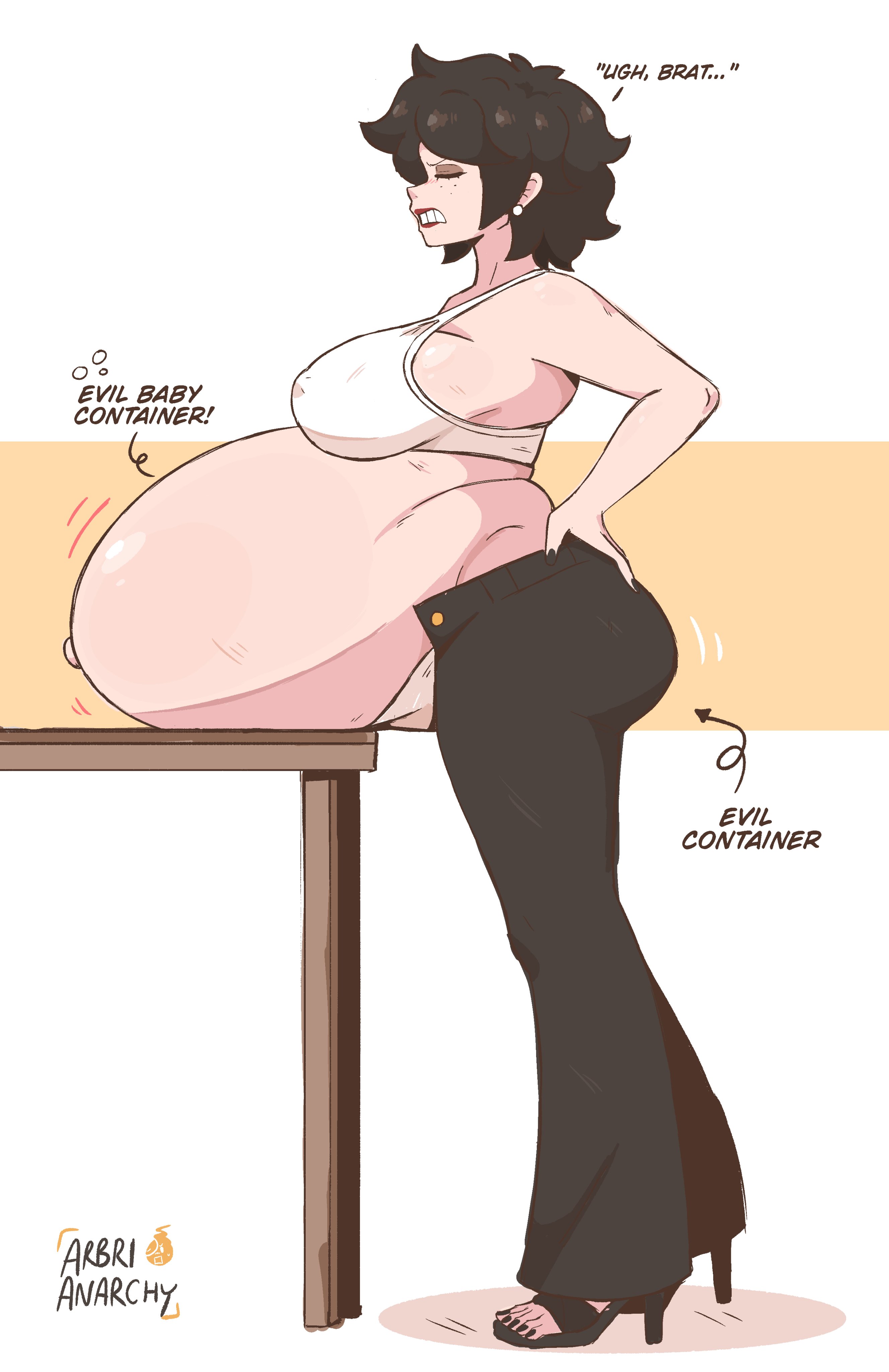 1girls, arbrianarchy, big belly, english text, evil container, hand on waist, oc, original character, pregnant, pregnant female, side view, super belly, tagme