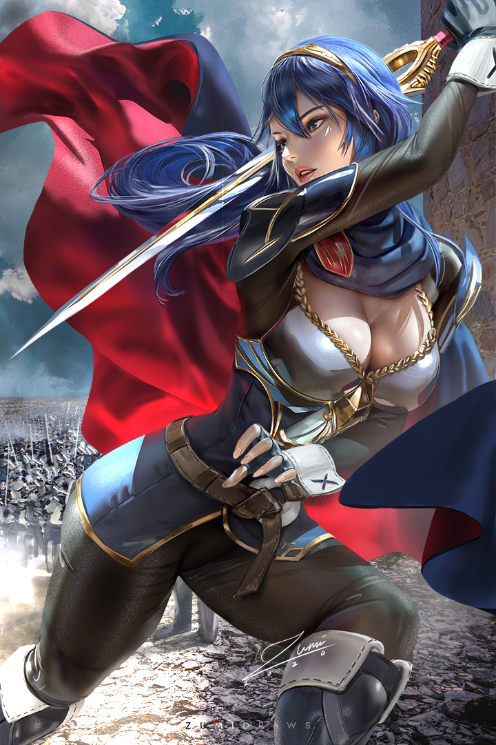 1girls, alternate breast size, army, big breasts, blue eyes, blue hair, breasts, cape, cleavage, female, fire emblem, fire emblem awakening, lips, long hair, lucina (fire emblem), nintendo, sword, tiara, weapon, wide hips, zumi