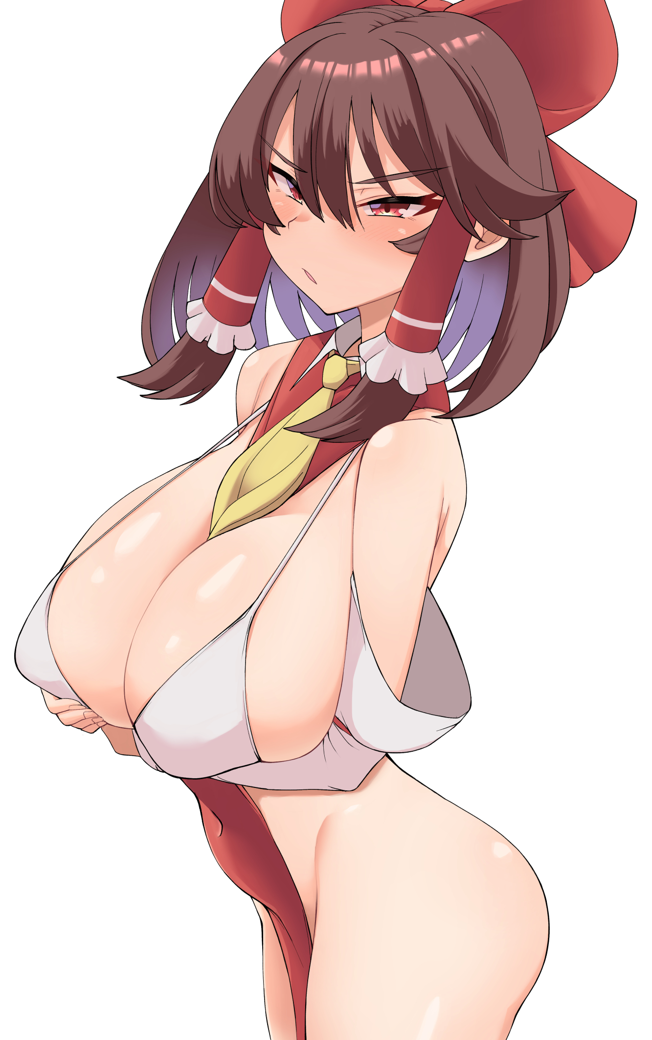 adapted costume, annoyed, ass visible through thighs, bikini top, blush, bottomless, chestnut mouth, comona13, embarrassed, from side, hakurei reimu, huge breasts, large ass, no panties, reimu hakurei, revealing clothes, touhou, v-shaped eyebrows