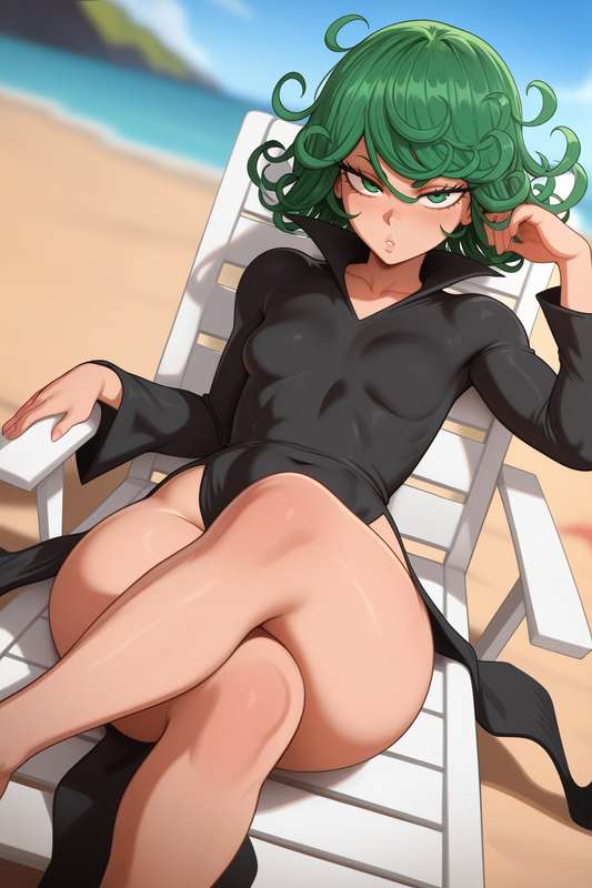 1girls, ai generated, beach, beach chair, breasts, chair, female, female only, green eyes, green hair, hair, light skin, light-skinned female, one-punch man, short hair, small breasts, solo, solo female, tatsumaki, thick thighs, thighs, waifuinvoker