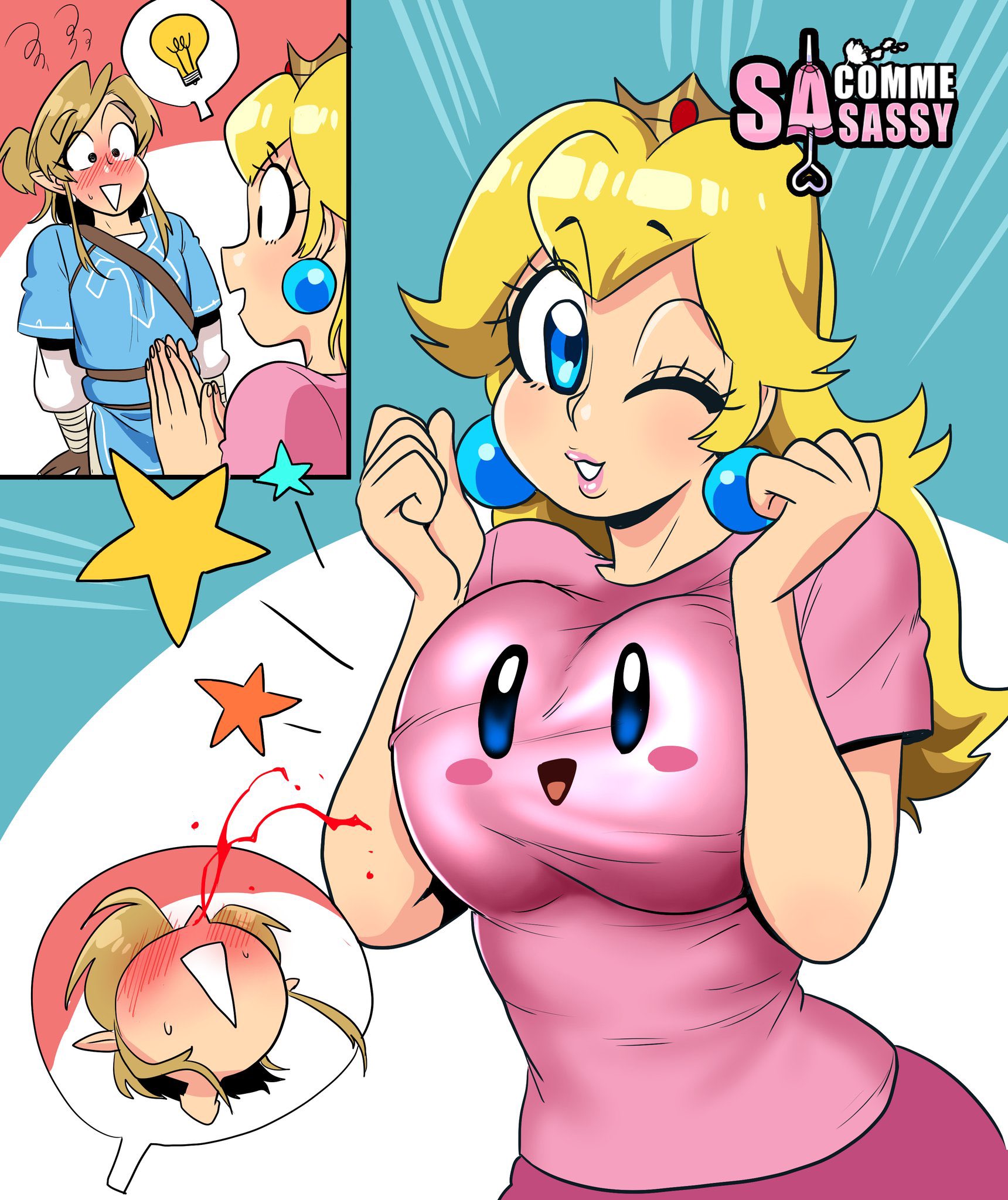 1boy, 1girls, 2koma, big breasts, blonde hair, blue eyes, blush, breast press, breast squeeze, breasts, breasts pressed together, breath of the wild, brown hair, busty, clothed, clothing, comic, crossover, crown, curvaceous, curvy, ear piercing, earrings, female, female focus, fully clothed, hourglass figure, huge breasts, human, humanoid, hylian, large breasts, light skin, light-skinned female, light-skinned male, link, link (breath of the wild), lips, lipstick, long hair, looking at another, male, mario (series), nintendo, nosebleed, piercing, pink lips, pink lipstick, pointy ears, princess, princess peach, sasatseng, short hair, straight, super smash bros., the legend of zelda, voluptuous, watermark, wholesome