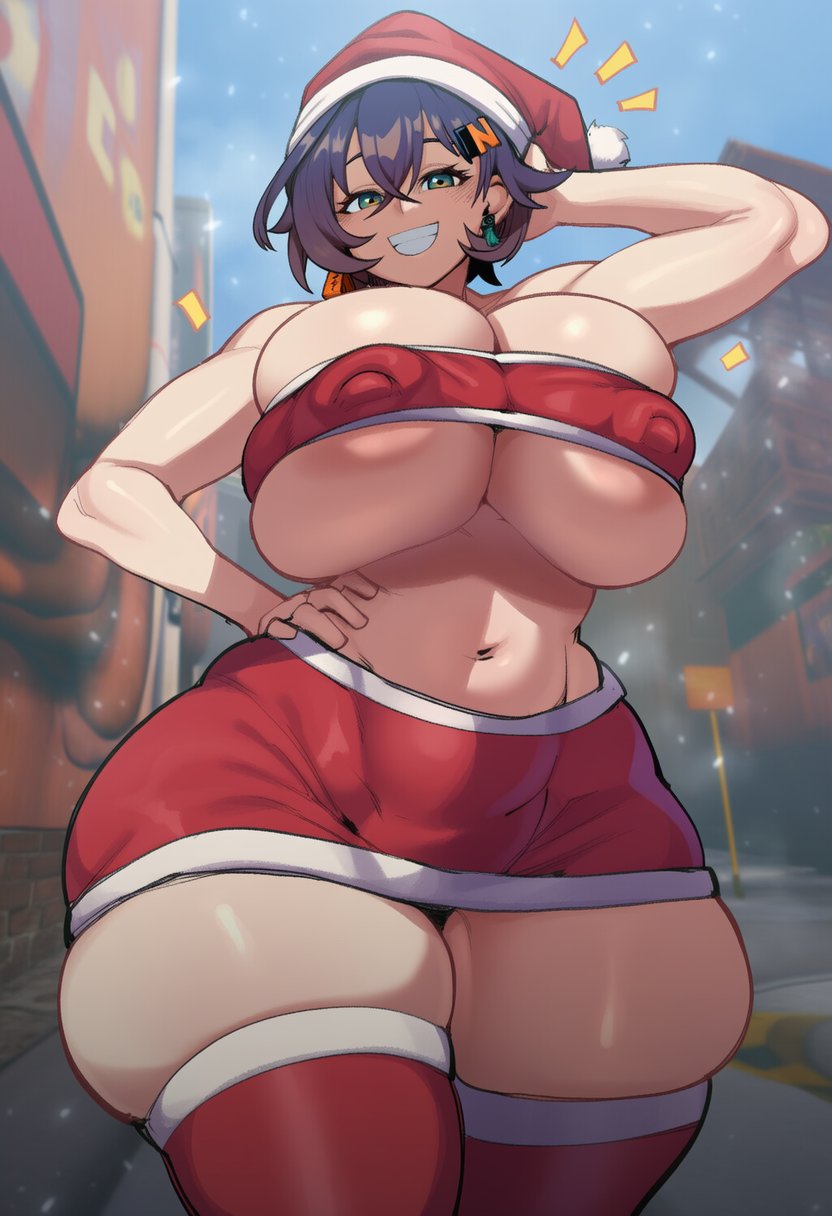 1girls, ai generated, amiamia, belle (zenless zone zero), blue hair, christmas, christmas outfit, goghkunn, huge ass, huge breasts, tagme, thick thighs, zenless zone zero