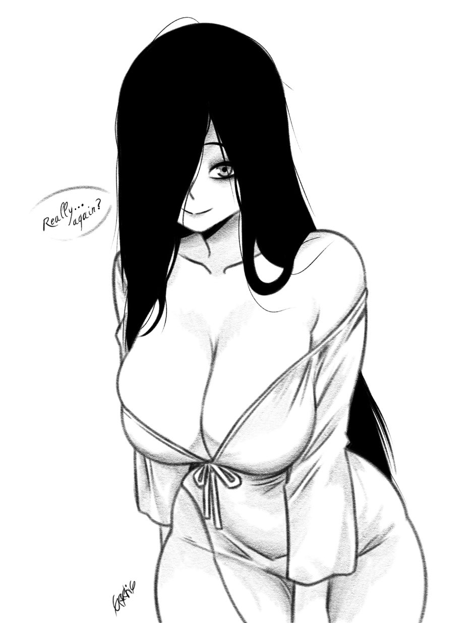 black and white, black hair, breasts, cleavage, curvy, curvy figure, cute, cute expression, cute smile, female, female only, ghost, ghost girl, graphicthereal, hair over one eye, hands behind back, large breasts, long hair, looking at viewer, messy hair, navel visible through clothes, sadako yamamura, simple background, skinny waist, smile, speech bubble, the ring, tight clothing, white background, wide hips, yamamura sadako