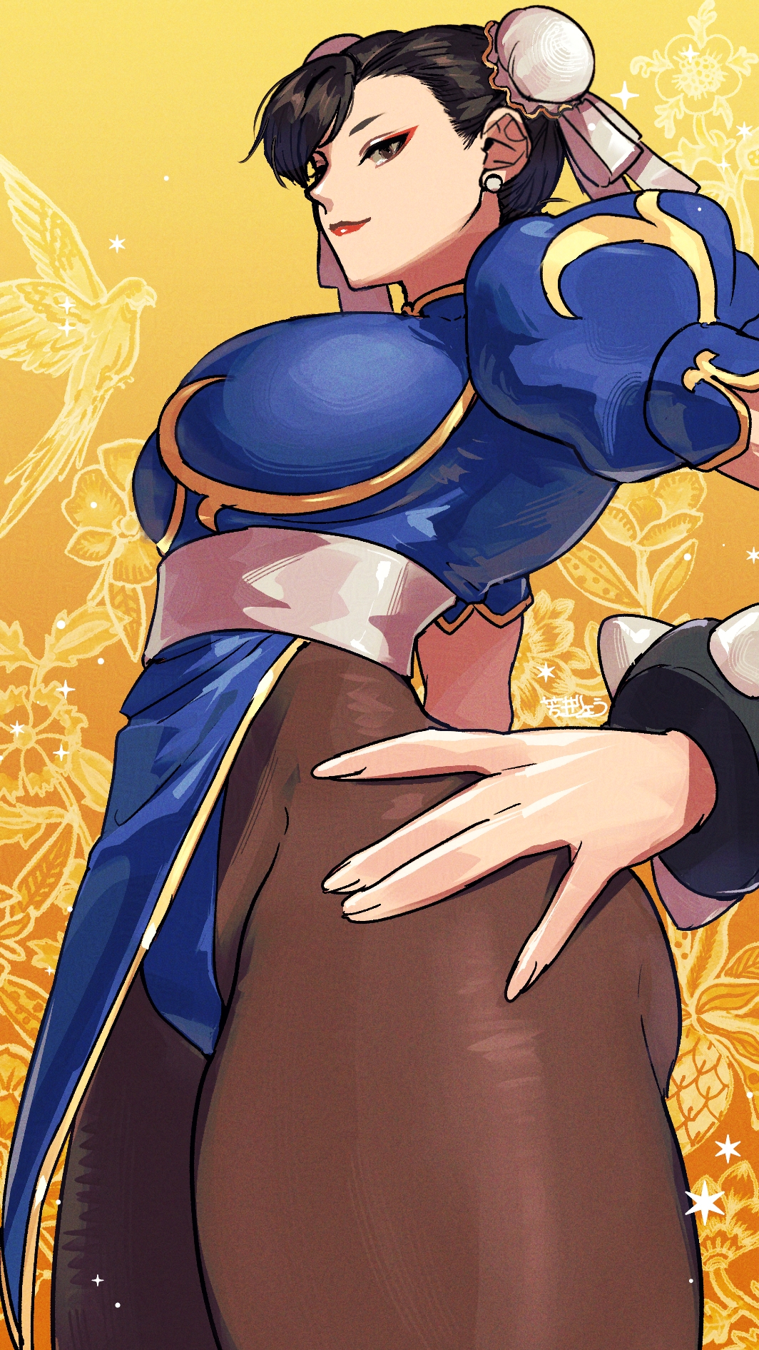 1girl, 1girls, blue dress, bracelet, breasts, brown eyes, brown hair, brown pants, bun cover, capcom, china dress, chinese clothes, chun-li, chun-li (street fighter ii), closed mouth, commentary, dress, earrings, eyeliner, female, from side, hairbuns, hand on own hip, hashtag-only commentary, highres, jewelry, large breasts, legs, looking at viewer, makeup, pants, pantyhose, puffy short sleeves, puffy sleeves, red eyeliner, ryo yo shi, short hair, short sleeves, smile, solo, spiked bracelet, spikes, street fighter, street fighter ii, street fighter ii (series), stud earrings, thick thighs, thighs, thong
