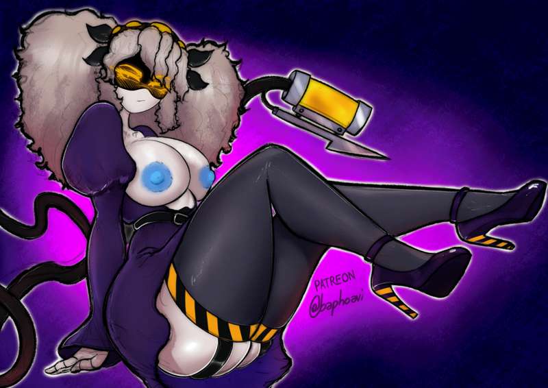 baphoavi, big breasts, blue nipples, blush, breasts, fat ass, female, female only, high heels, j (murder drones), murder drones, robot, thick thighs, voluptuous, witch costume