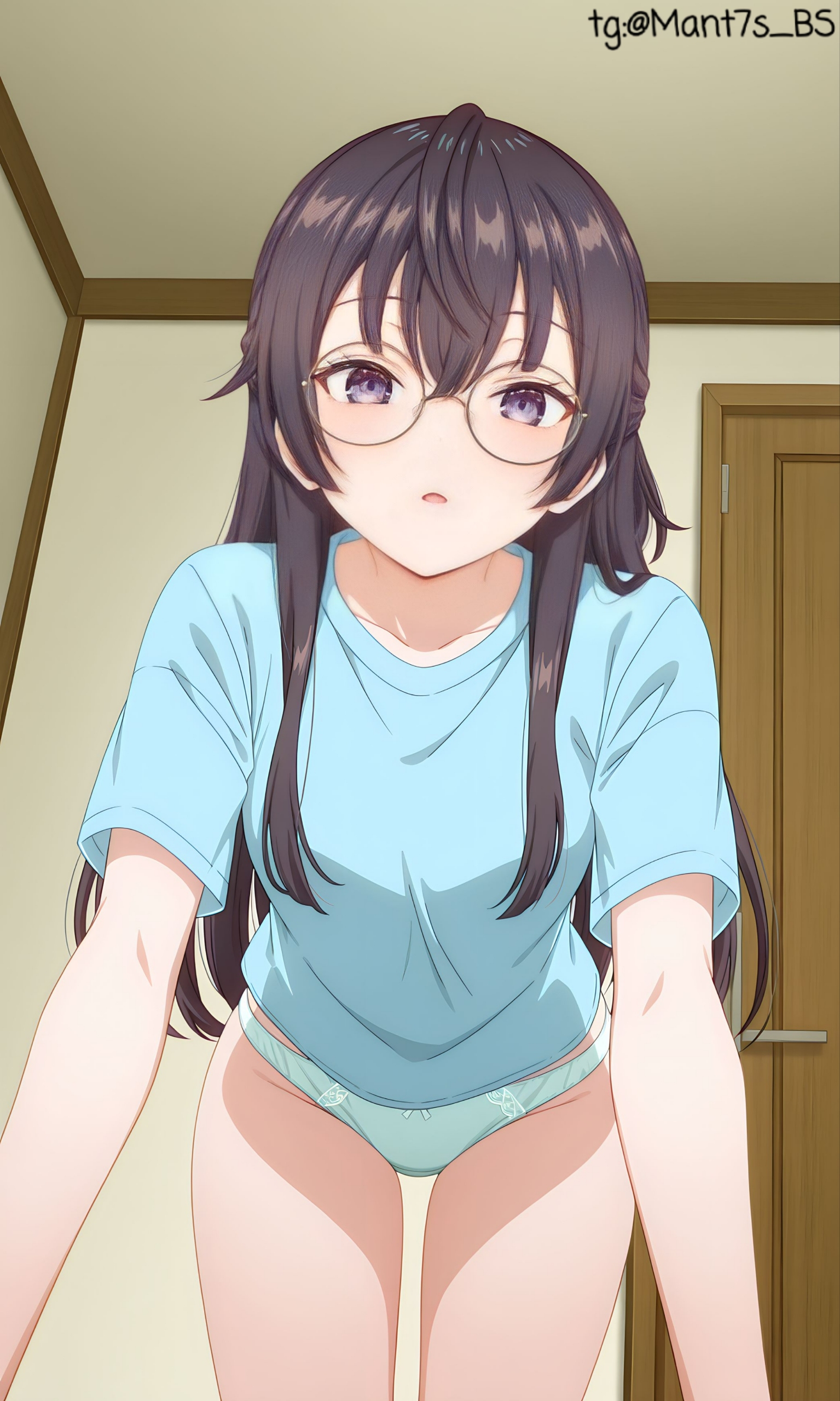 ai generated, brown hair, glasses, green panties, looking at viewer, mantys bs, open mouth, panties, purple eyes, suou yuki, tokidoki bosotto russian de dereru tonari no alya-san