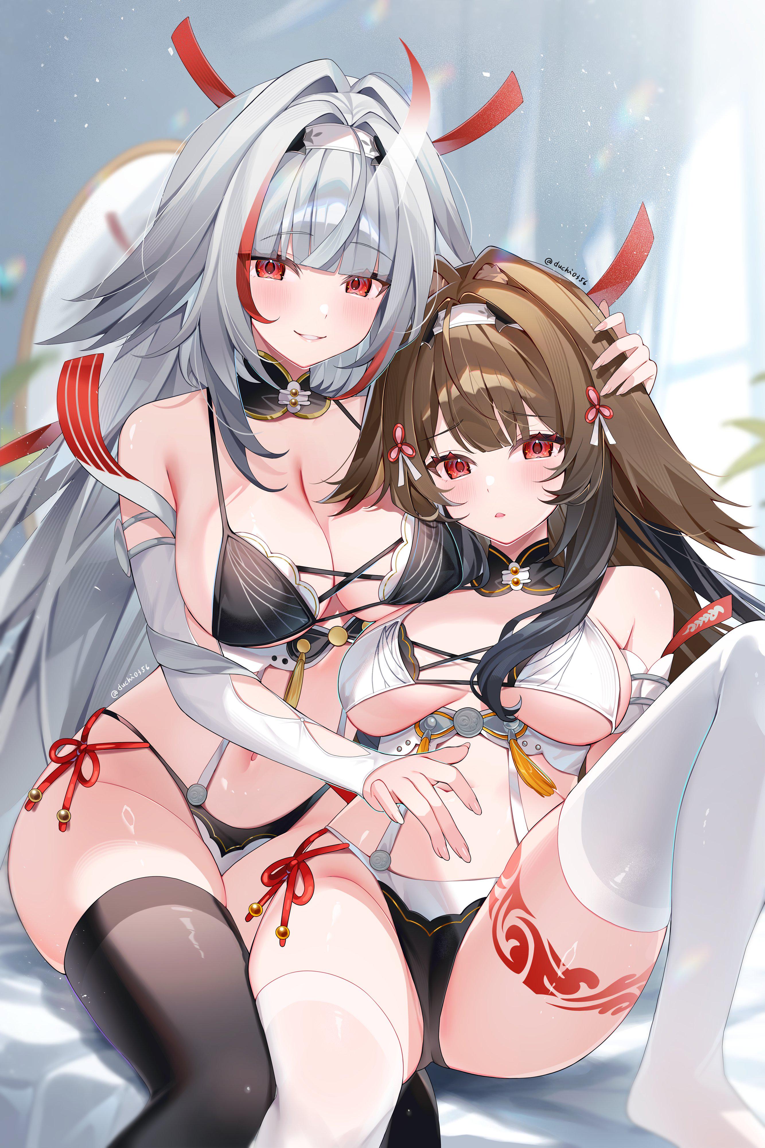2girls, animal ears, big breasts, blush, brown hair, large breasts, light skin, light-skinned female, looking at viewer, parted lips, red eyes, skindentation, tagme, thick thighs, thighhighs, white hair, ye shunguang, ye shunguang (enlightened state), zenless zone zero
