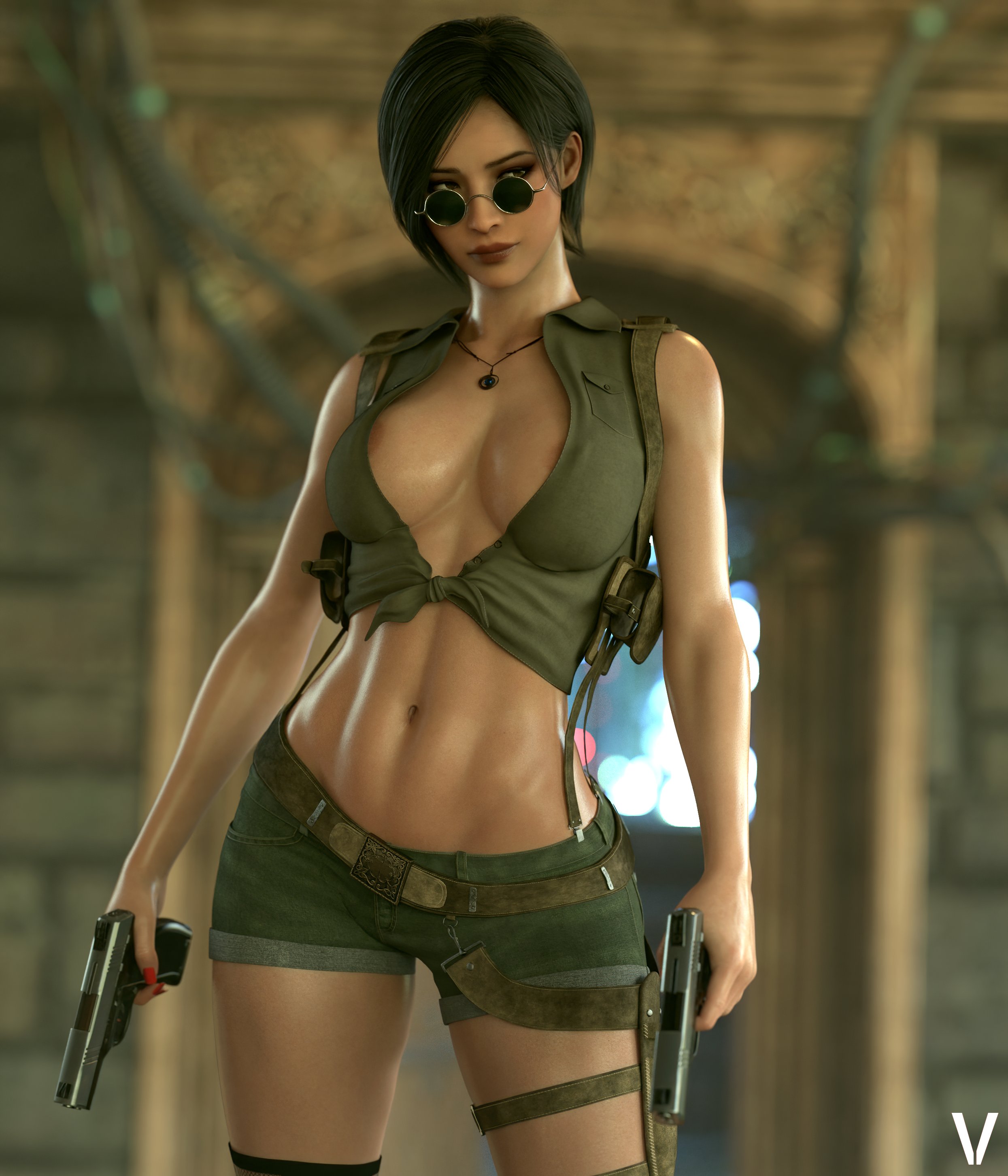 1girls, 2025, 3d, 3d (artwork), ada wong, ada wong (adriana), areolae, athletic female, black hair, brown eyes, capcom, clothing, cosplay, female, female only, gun, holster, indoors, lara croft (cosplay), legs, looking over eyewear, looking over sunglasses, muscular, pistol, pose, resident evil, resident evil 4, resident evil 4 remake, short hair, smooth skin, solo, sunglasses, tanned, tanned skin, tinted eyewear, tomb raider, vyse red