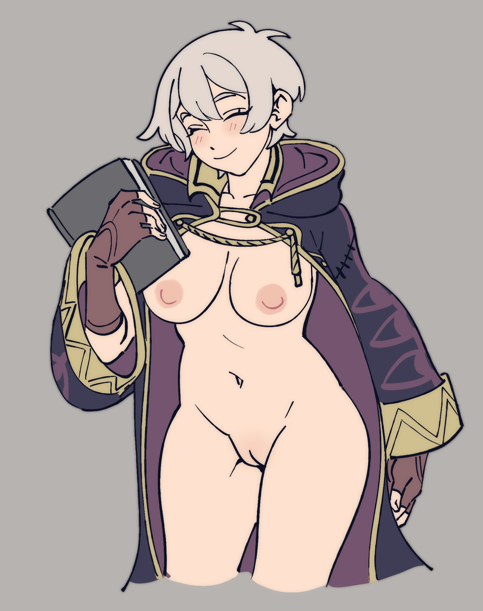 1girls, 2025, blush, book, breasts, closed eyes, coat, coat on shoulders, coat only, digital media (artwork), female, female only, fire emblem, fire emblem awakening, gloves, gloves only, holding book, holding object, lyssahh, naked, naked female, nude, nude female, pussy, robin (fire emblem), robin (fire emblem) (female), short hair, smile, smiling, white hair