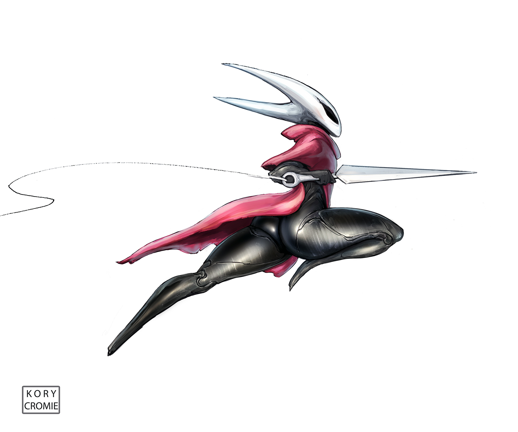 1girls, action pose, ass, black body, bug, bug girl, female, female only, holding object, hollow knight, hollow knight (franchise), hollow knight: silksong, hornet (hollow knight), kory cromie, needle, solo, solo female, solo focus, thick thighs, video game character, white background