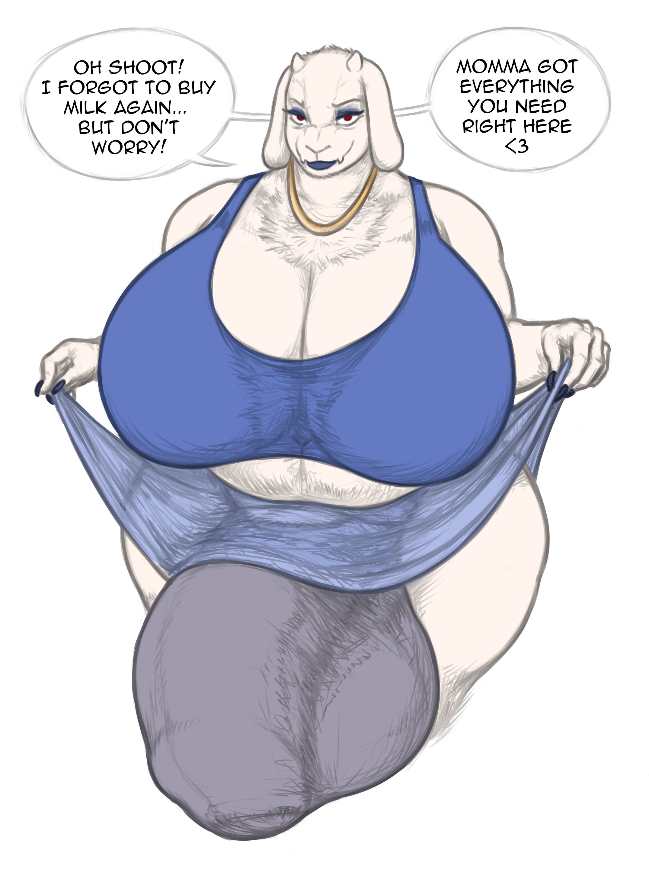 anthro, balls, balls bulge, balls under clothes, big balls, big belly, big breasts, big cock, big penis, big testicles, breasts, breasts bigger than head, bulge, bulge through clothing, clothed, clothing, clothing too small, cock, dialogue, eyeliner, fingernails, flaccid, flaccid penis, foreskin, fur, furry, furry only, futa only, futanari, genitals, gigantic balls, gigantic penis, horns, hornyzhopa, huge balls, huge bulge, huge cock, huge testicles, hyper, hyper balls, hyper bulge, hyper cock, hyper genitalia, hyper penis, hyper testicles, ill fitting clothing, intersex, jewelry, looking at viewer, massive balls, massive penis, mostly clothed, nail polish, necklace, penis, penis bigger than arm, penis bigger than breasts, penis bigger than head, penis bigger than torso, penis bulge, penis under clothes, presenting, presenting penis, red eyes, skirt, skirt lift, skirt too short, small clothes, solo, speech bubble, sports bra, sportswear, standing, testicles, thick, thick penis, thick thighs, thighs, tiny skirt, toriel, uncircumcised, undersized clothes, undertale, undertale (series), voluptuous, voluptuous futa, white background, white fur, white hair