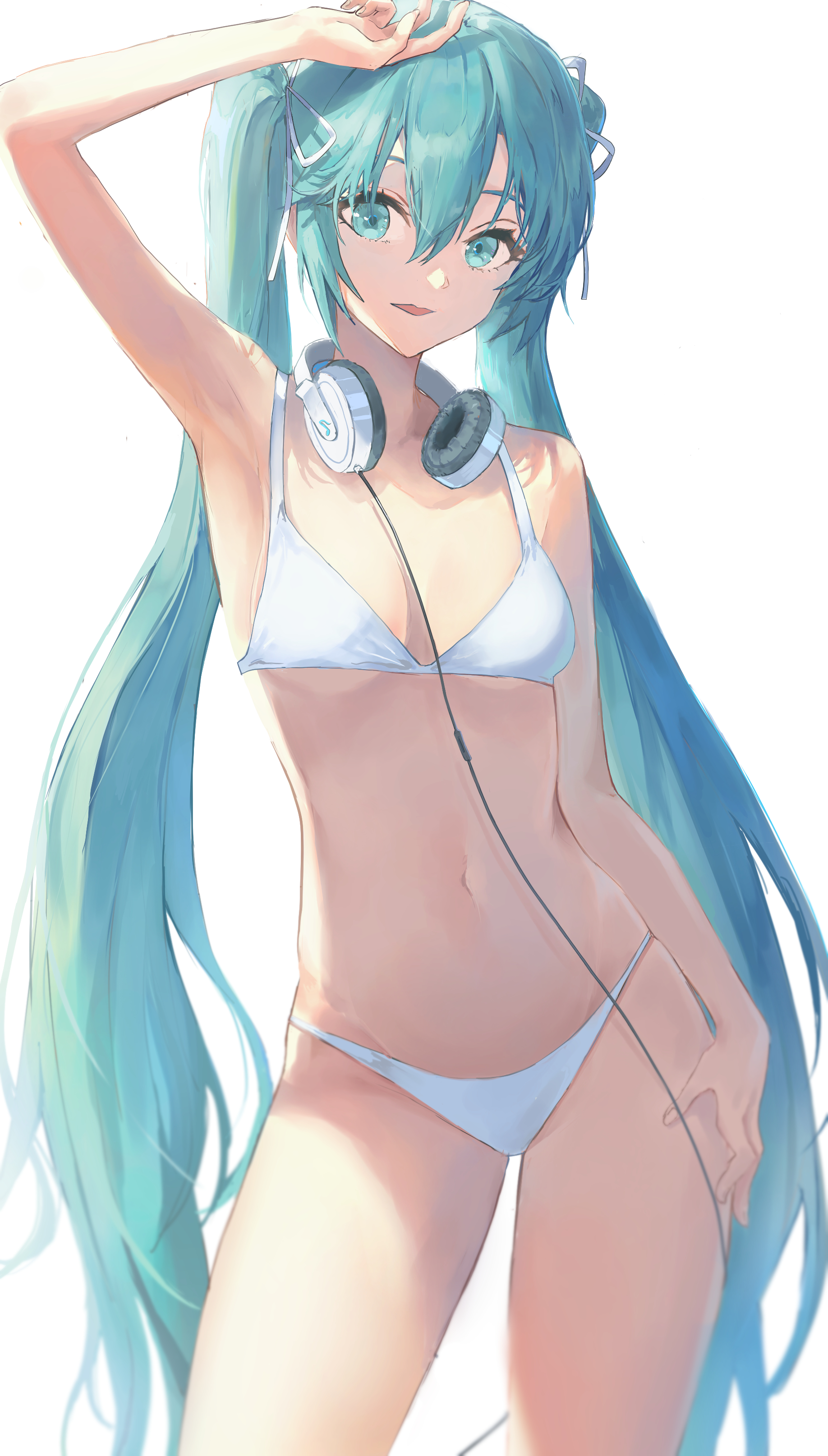 1girl, 1girls, 2d, 2d (artwork), 2d artwork, absurdly long hair, alternate version at source, alternate version available, aqua eyes, aqua hair, arm above head, arm up, armpit, armpit crease, armpit peek, armpits, bare armpits, bare arms, bare belly, bare chest, bare hands, bare hips, bare legs, bare midriff, bare navel, bare shoulders, bare skin, bare thighs, belly, belly button, bikini, bikini bottom, bikini only, bikini top, breasts, collarbone, cowboy shot, curvaceous, curvaceous body, curvaceous female, curvaceous figure, curvaceous hips, curvaceous thighs, curvy, curvy body, curvy female, curvy figure, curvy hips, curvy thighs, cyan eyes, cyan hair, cyan-eyed female, cyan-haired female, digital, digital art, digital drawing, digital drawing (artwork), digital media, digital media (artwork), elbows, exposed armpits, exposed arms, exposed belly, exposed chest, exposed hips, exposed legs, exposed midriff, exposed navel, exposed shoulders, exposed skin, exposed thighs, female, female focus, female only, fingernails, fingers, flat belly, flat breasts, flat chest, flat chested, groin, hair between eyes, hair ribbon, hair tie, hairless armpits, halterneck, hand above head, hand on leg, hand on own leg, hand on own thigh, hand on thigh, hand up, hatsune miku, head tilt, headphones, headphones around neck, high resolution, highres, inguinal crease, inguinal ligament, lean figure, long hair, looking at viewer, midriff, more at source, narrow waist, navel, open mouth, parted lips, pear-shaped figure, petite, petite body, petite breasts, petite female, petite tits, pigone, posing, posing for the viewer, ribbon, shaved armpits, shoulders, simple background, skinny, skinny female, skinny waist, slender body, slender waist, slim waist, small breasts, smooth chest, solo, standing, string bikini, swimsuit, swimwear, thigh gap, thighs, tilted head, turquoise eyebrows, turquoise eyes, turquoise hair, turquoise-eyed female, turquoise-haired female, twintails, twintails (hairstyle), upper body, very long hair, very long hair female, vocaloid, white background, white bikini, white bikini bottom, white bikini top, white hair ribbon, white hair tie, white ribbon, white string bikini, white swimsuit, white swimwear, wide hips