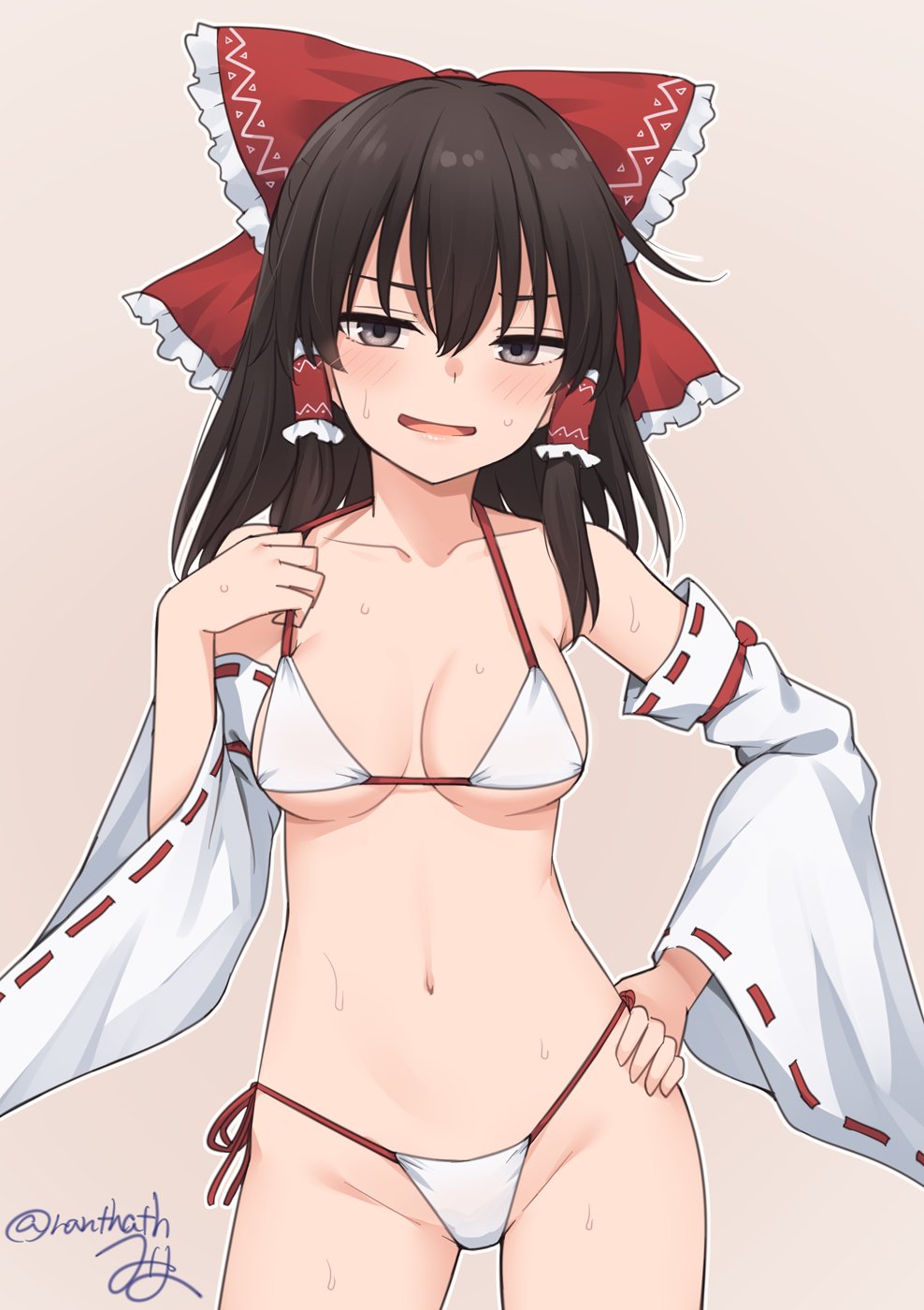 alternate costume, bikini, black eyes, black hair, bow, breasts, collarbone, commentary request, cowboy shot, detached sleeves, female, frilled hair tubes, frills, grey background, hair between eyes, hair tubes, hairbow, hakurei reimu, hand on own hip, highres, long hair, long sleeves, looking at viewer, medium breasts, miyo (ranthath), navel, open mouth, red bow, red ribbon, reimu hakurei, ribbon, ribbon trim, ribbon-trimmed sleeves, signature, simple background, solo, stomach, strap pull, sweat, swimsuit, touhou, twitter username, white bikini, wide sleeves