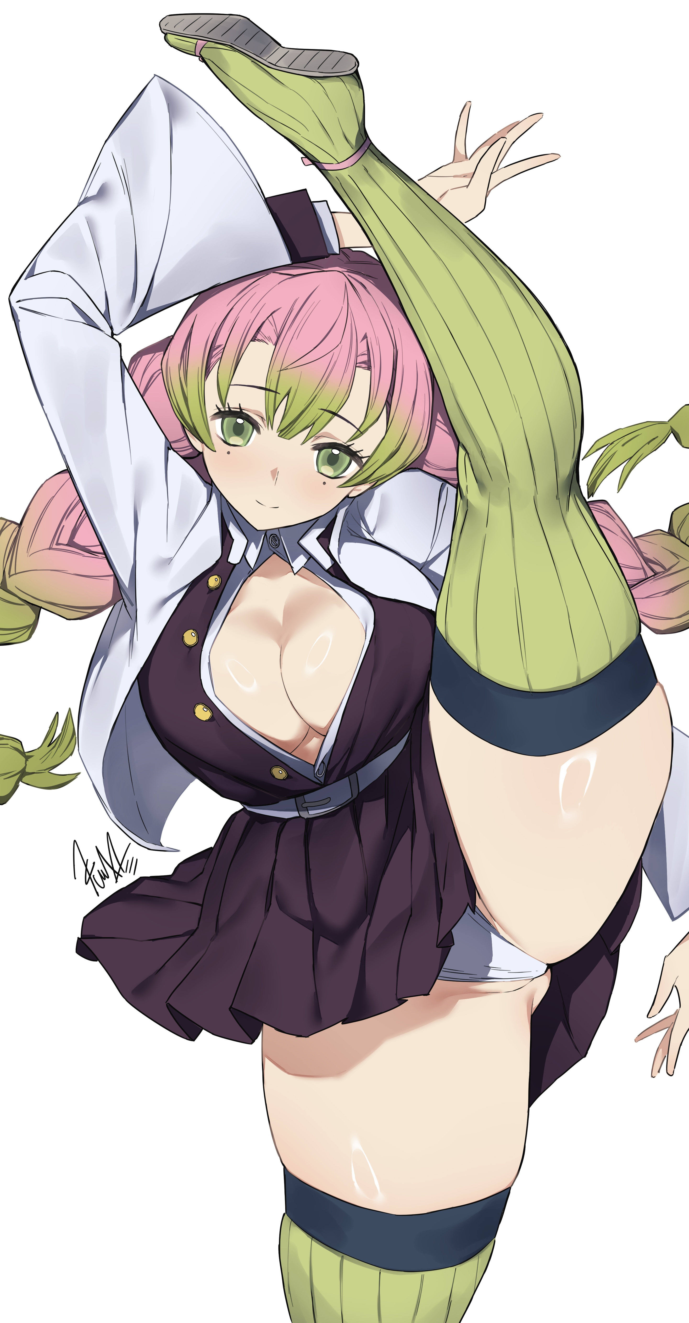 1girls, demon slayer, female, green eyes, illust kuma, kanroji mitsuri, kimetsu no yaiba, mitsuri kanroji, open shirt, pink hair, pink-haired female, thighhighs, thighs, two tone hair, underwear, upskirt, white underwear