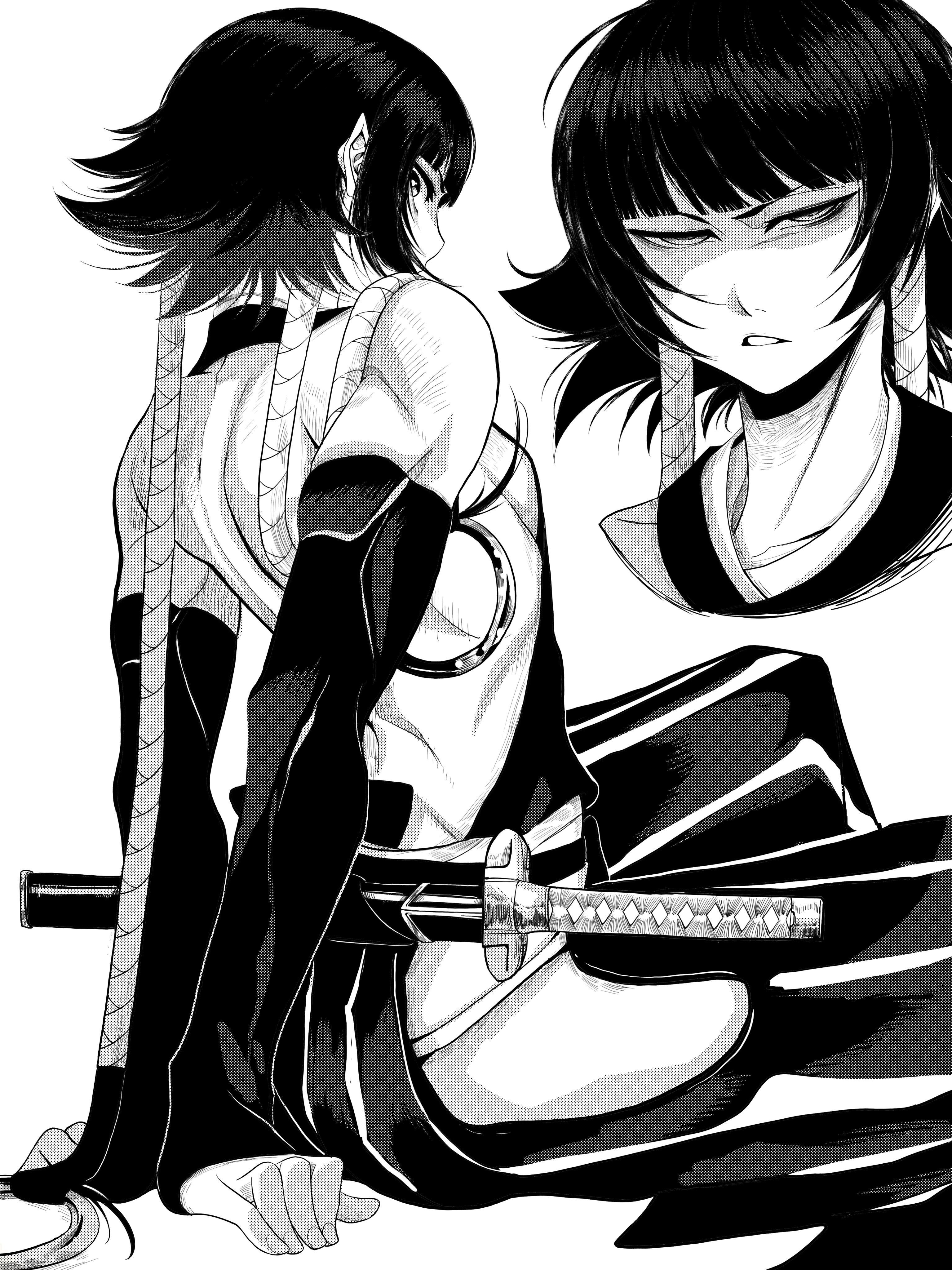 1girls, absurdres, back, black hair, bleach, breasts, female, female only, from side, greyscale, highres, jesse schickler, looking at viewer, monochrome, muscular, muscular female, short hair, sideboob, sitting, small breasts, soifon, sui-feng