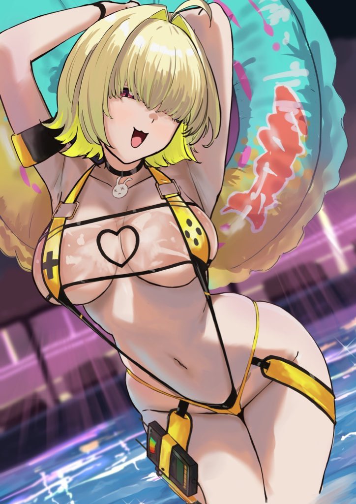 ahoge, armpits, breasts, commentary request, elegg (boom and shock) (nikke), elegg (nikke), female, goddess of victory: nikke, hair intakes, holding, holding swim ring, innertube, kv0vr, large breasts, navel, official alternate costume, pool, purple eyes, short hair, slingshot swimsuit, solo, stomach, swim ring, swimsuit, thighs, yellow slingshot swimsuit