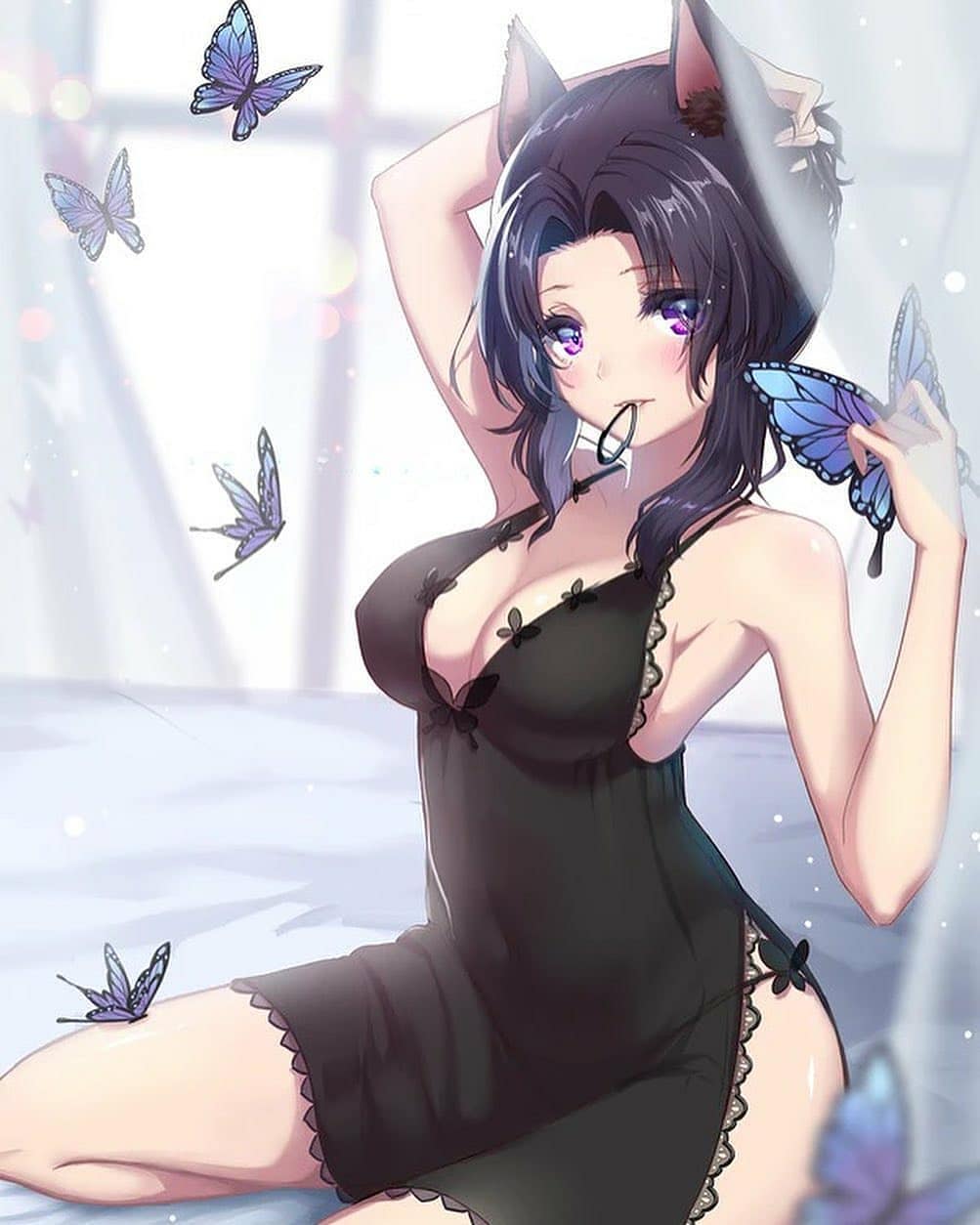 1girls, breasts, butterfly, butterfly hair ornament, cat ears, demon slayer, female, female only, holding hair, kimetsu no yaiba, kochou shinobu, lingerie, looking at viewer, lowres duplicate, negligee, solo, xw kana