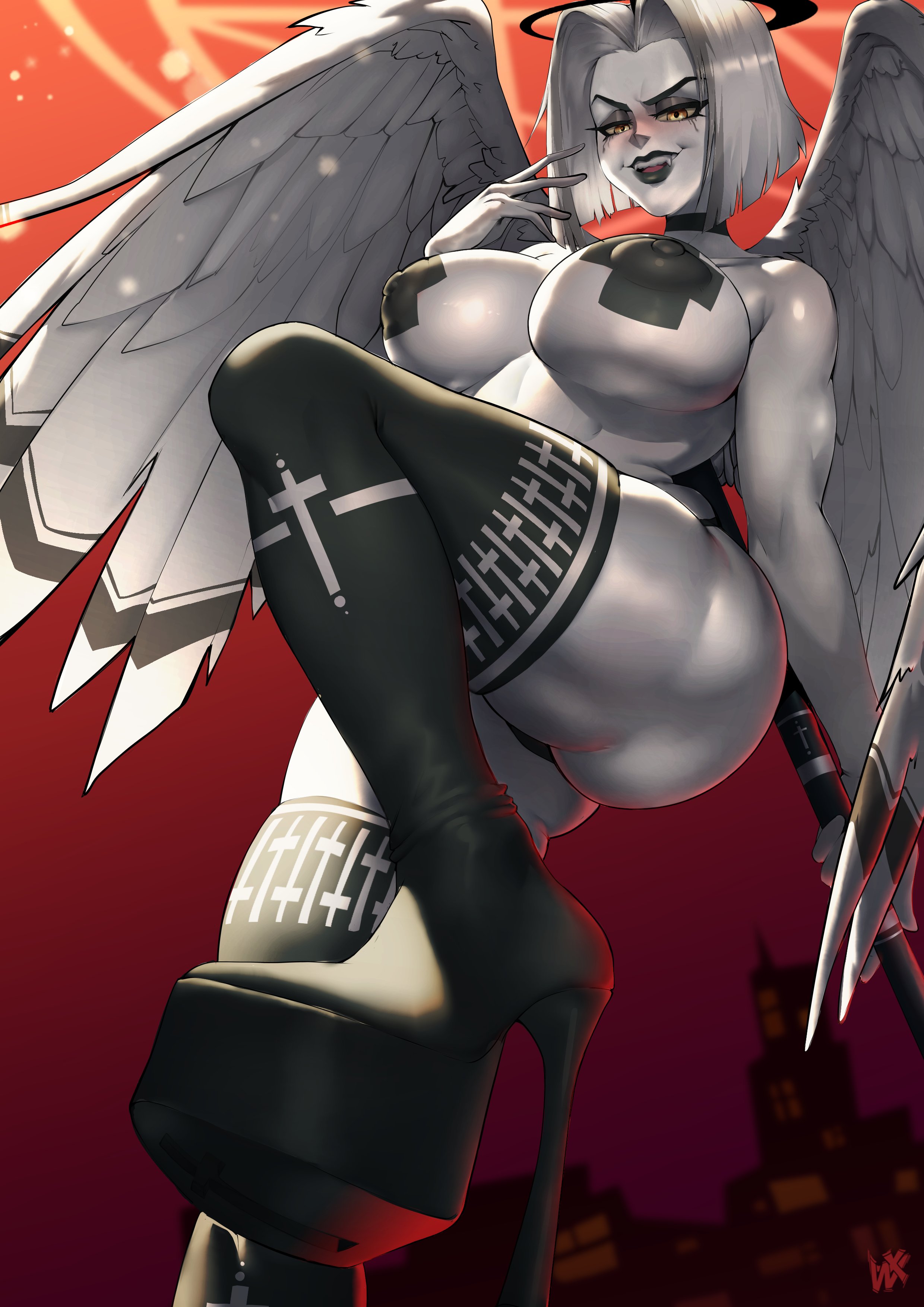 1girls, 2025, absolute territory, alternate version at source, alternate version available, angel, angel wings, artist signature, ass, background, big ass, big breasts, blush, blushing female, breasts, cocky smile, covered nipples, cross, curvaceous, curvaceous ass, curvaceous body, curvaceous female, curvaceous figure, curvaceous hips, curvaceous thighs, curvy, curvy body, curvy female, curvy figure, curvy hips, curvy thighs, detailed background, digital drawing (artwork), digital media (artwork), dimples, english text, female, female focus, female only, femdom, from below, from below view, halo, hazbin hotel, hi res, high heels, high resolution, high thighs, large ass, lute (hazbin hotel), pasties, solo, solo female, solo focus, spear, speech bubble, spindlehorse toons, text, thick, thick ass, thick butt, thick hips, thick legs, thick thighs, vivienne medrano, voluptuous, voluptuous female, waifu, weapon, white body, white hair, wirelixe, yellow eyes