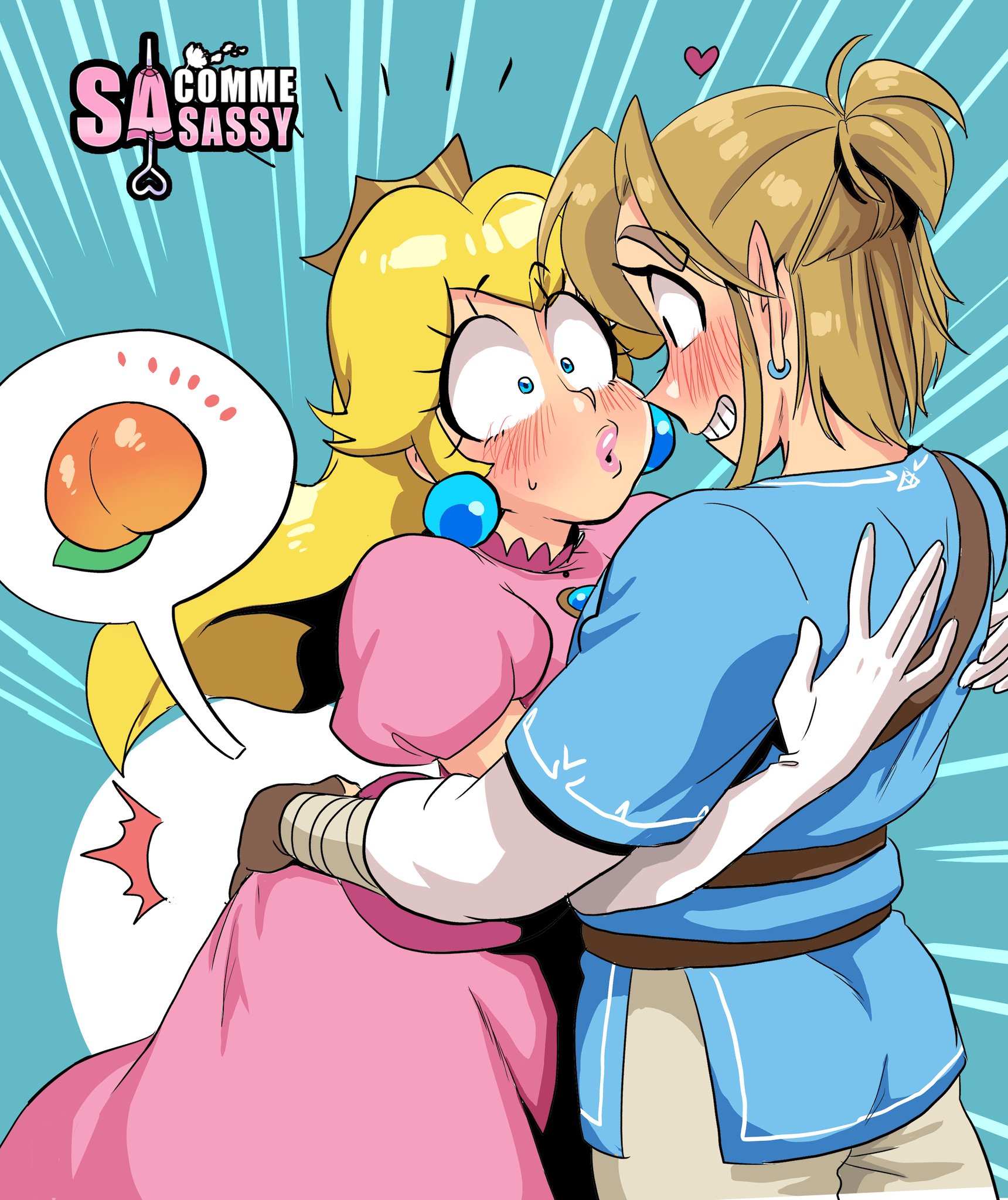 1boy, 1girls, ass, ass grab, blonde hair, blue eyes, blush, breath of the wild, brown hair, clothed, clothing, crossover, dress, ear piercing, earrings, emphasis lines, female, food, fully clothed, groping, human, humanoid, hylian, light skin, light-skinned female, light-skinned male, link, link (breath of the wild), lips, lipstick, long hair, looking at another, male, mario (series), nintendo, peach (fruit), piercing, pink lips, pink lipstick, pointy ears, princess peach, sasatseng, short hair, simple background, speech bubble, standing, straight, super smash bros., the legend of zelda, watermark