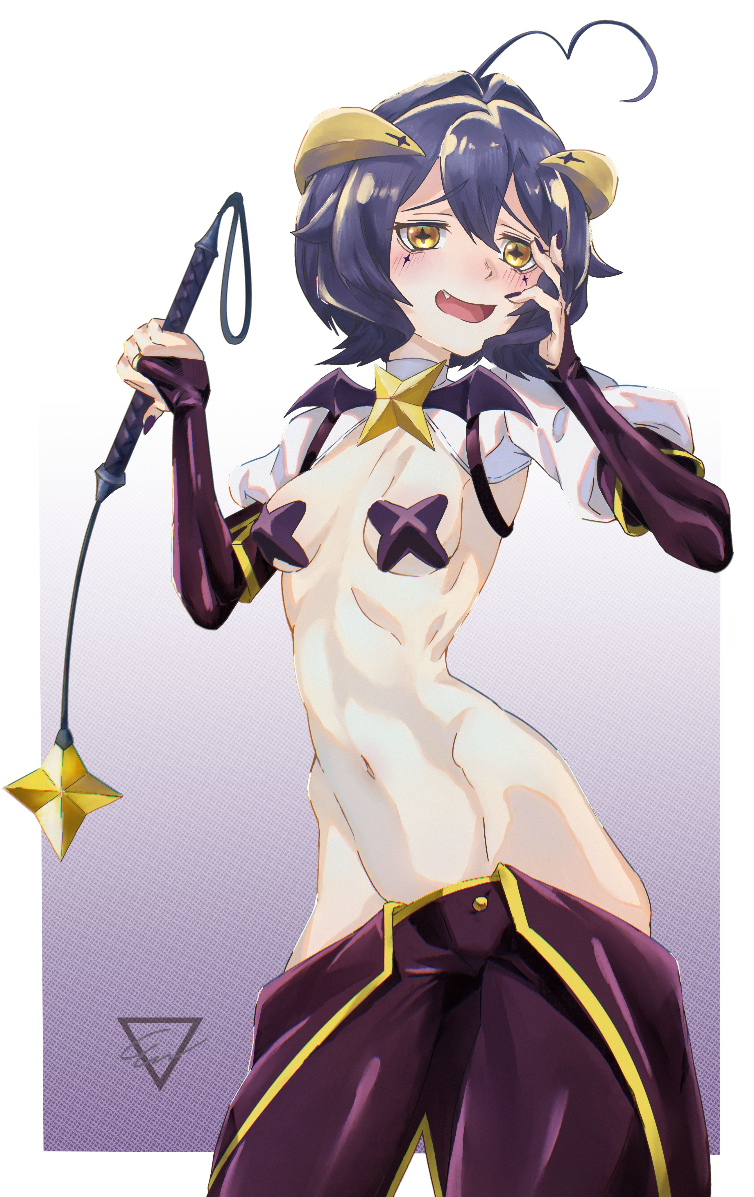 1girls, ahoge, bare belly, bare chest, bare hips, bare midriff, bare navel, bare skin, belly, belly button, black fingernails, black hair, black nail polish, black nails, black pasties, black-haired female, blush, blush face, blushing at viewer, blushing female, blushing lines, breasts, curvaceous, curvaceous body, curvaceous female, curvaceous figure, curvaceous hips, curvaceous teenager, curvy, curvy body, curvy female, curvy figure, curvy hips, digital, digital art, digital drawing, digital drawing (artwork), digital media, digital media (artwork), elbows, ethanarts2019, exposed belly, exposed chest, exposed hips, exposed midriff, exposed navel, exposed skin, female, female focus, female only, fingernails, fingers, gradient background, groin, hair between eyes, half naked, half nude, head tilt, high resolution, highres, hiiragi utena, inframammary fold, inguinal crease, inguinal ligament, lean figure, linea alba, looking at viewer, magia baiser, mahou shoujo ni akogarete, midriff, nail polish, nails, naked, naked female, naked woman, narrow waist, navel, nipple pasties, nude, nude female, nudity, open mouth, open mouth smile, parted lips, pasties, petite, petite body, petite breasts, petite female, petite tits, purple background, ribs, semi nude, short hair, shoulders, simple background, skinny, skinny female, skinny waist, slender body, slender waist, slim waist, small breasts, solo, standing, star eyes, star-shaped pupils, stomach, thighs, tilted head, tongue, underboob, upper body, upper teeth, whip, white background, wide hips, yellow eyes, yellow-eyed female