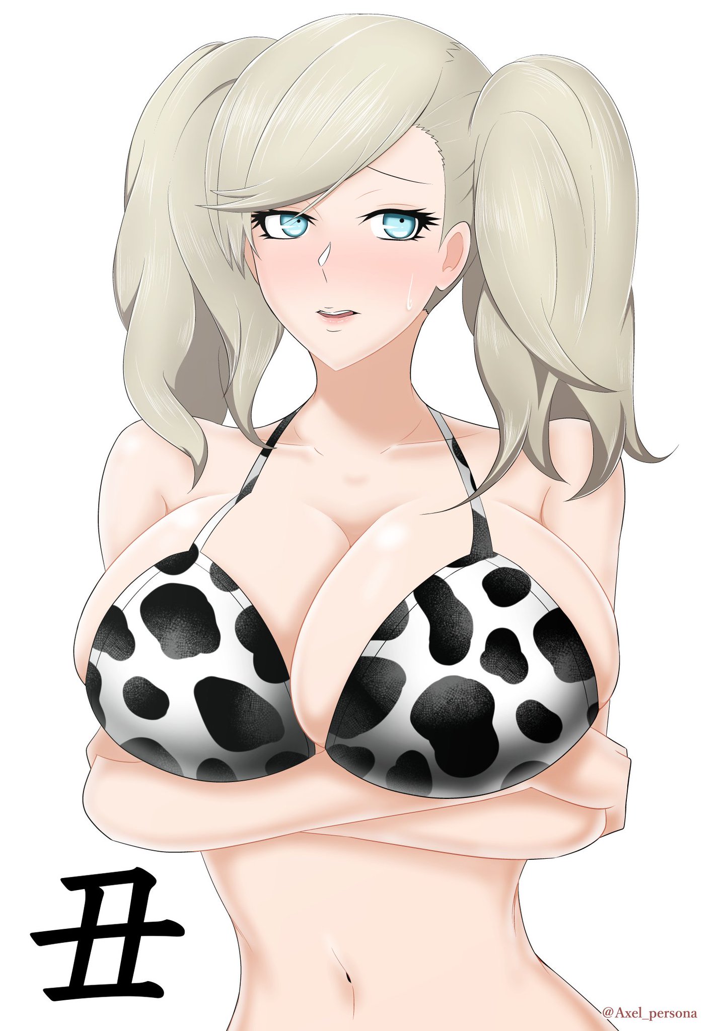 1girls, ann takamaki, axel persona, bikini, bikini top, blonde hair, blue eyes, blush, breasts, clothed, cow bikini, cow print, female, looking at viewer, persona, persona 5, sweat, sweatdrop, swimsuit, swimwear, twintails, white background