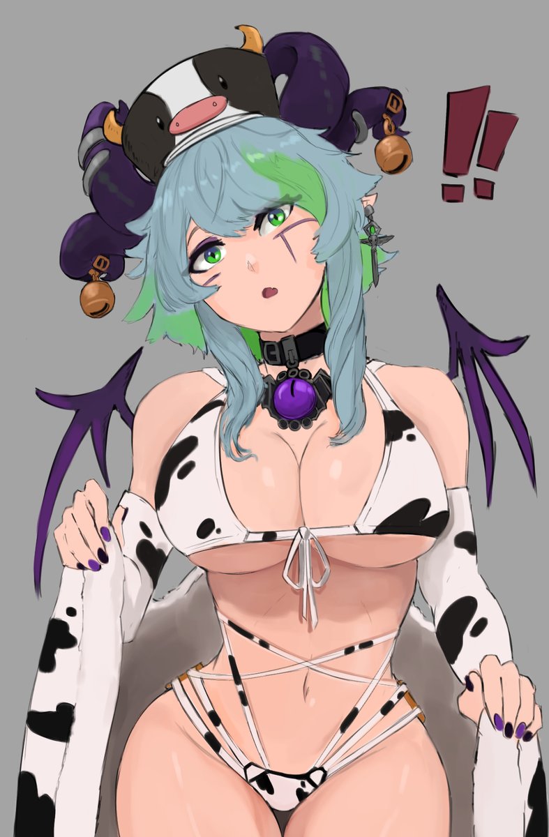 breasts, choker, cow bikini, cow costume, cow print, female, froot, gloves, green eyes, large breasts, looking at viewer, multicolored hair, pendant, tagme, virtual youtuber, vshojo, ynonamai